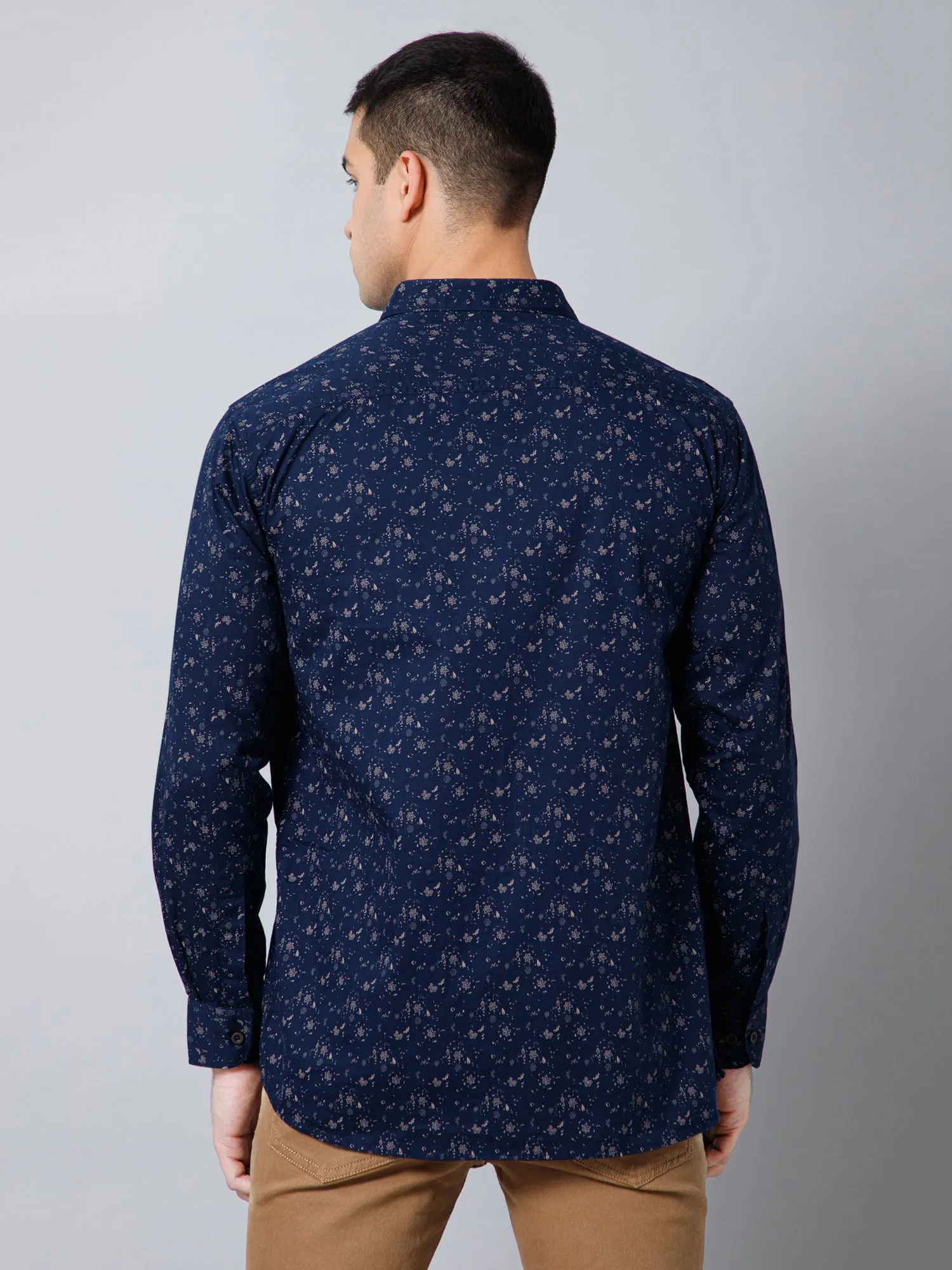 Cantabil Cotton Floral Printed Full Sleeve Regular Fit Navy Blue Casual Shirt with Pocket for Men