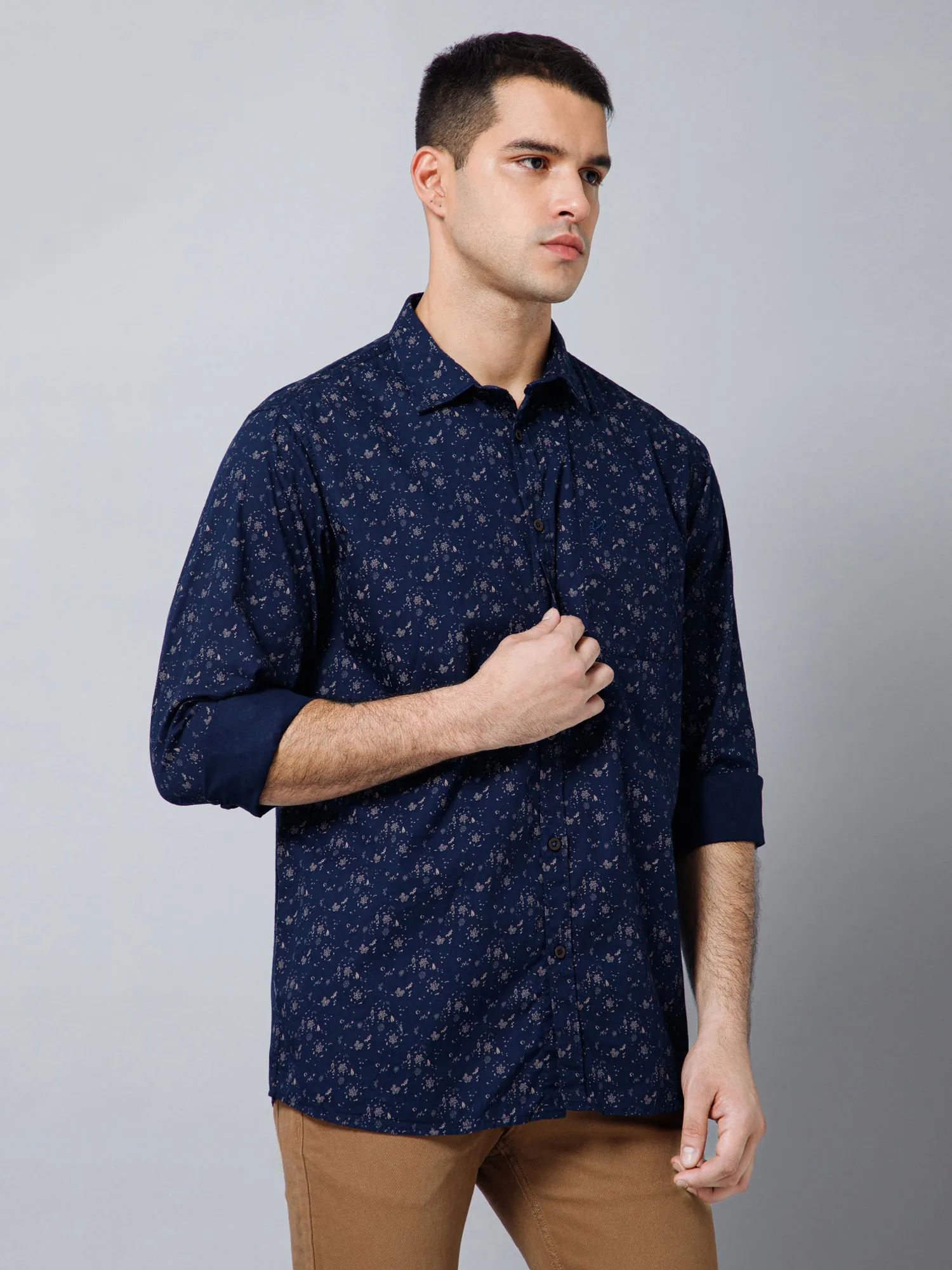 Cantabil Cotton Floral Printed Full Sleeve Regular Fit Navy Blue Casual Shirt with Pocket for Men
