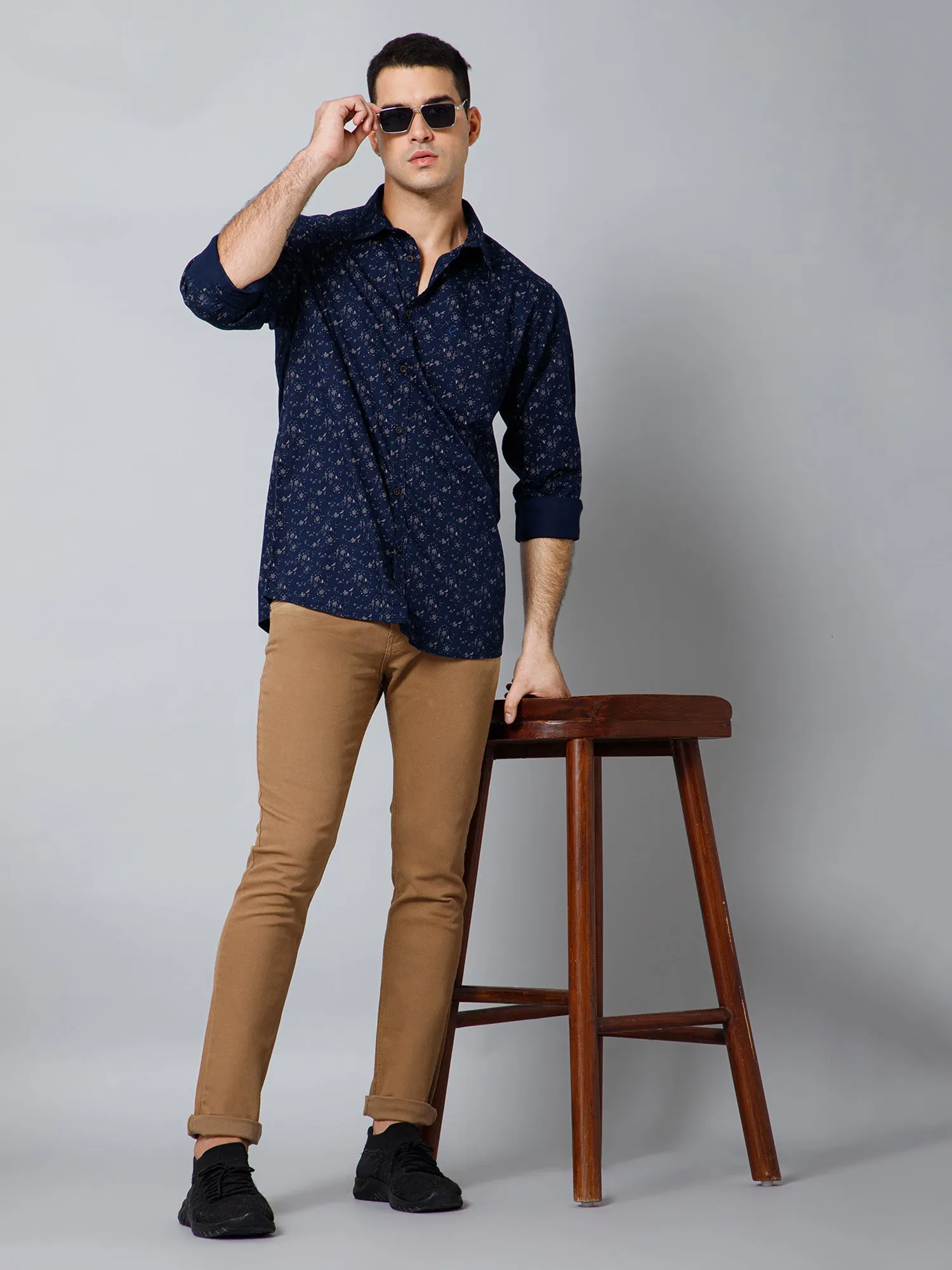 Cantabil Cotton Floral Printed Full Sleeve Regular Fit Navy Blue Casual Shirt with Pocket for Men