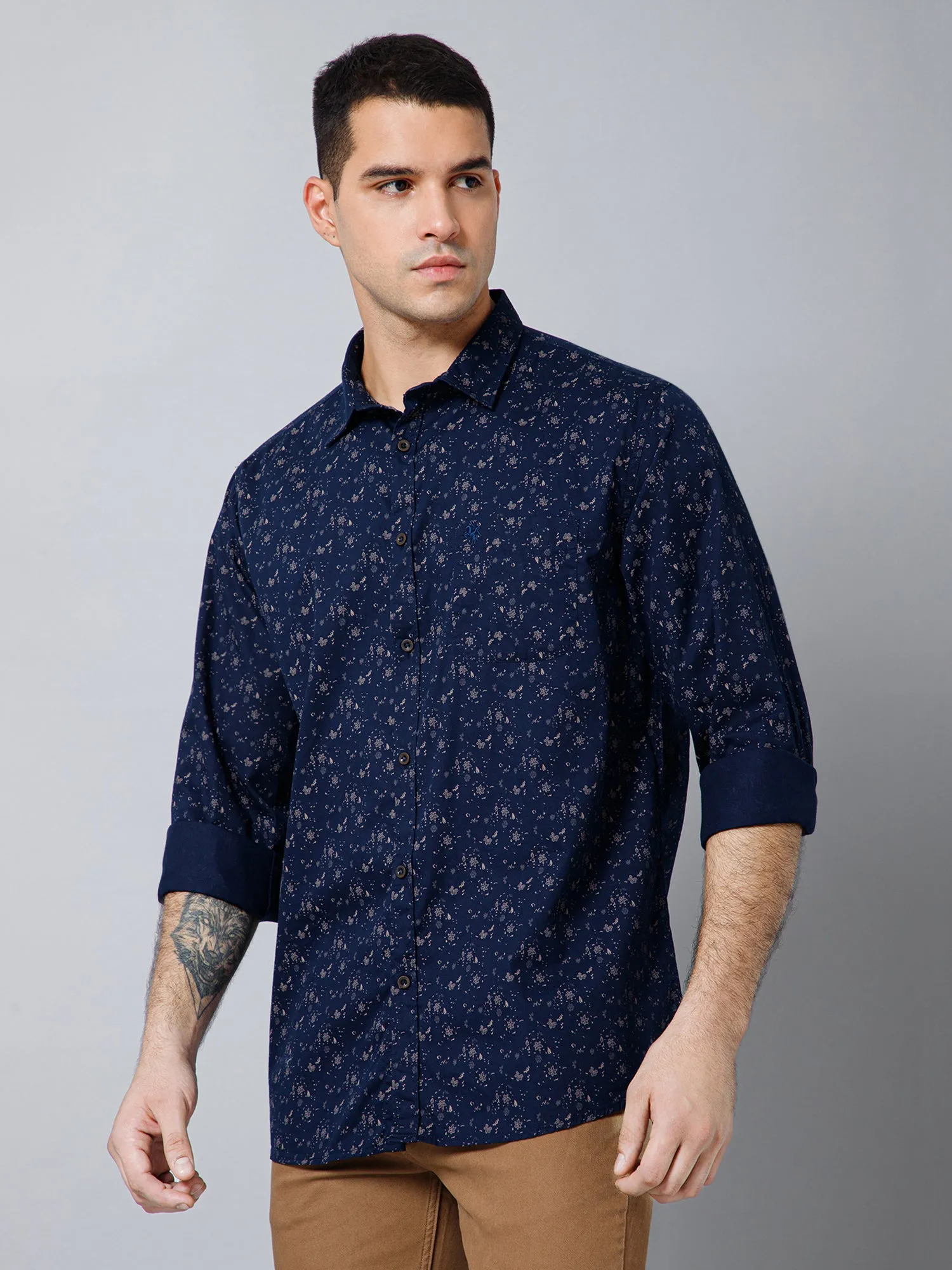 Cantabil Cotton Floral Printed Full Sleeve Regular Fit Navy Blue Casual Shirt with Pocket for Men