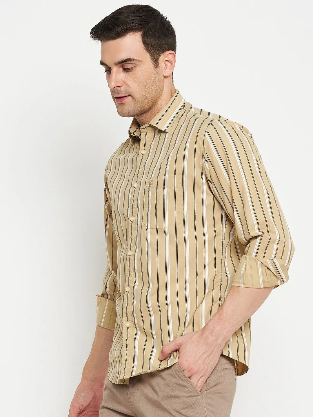 Cantabil Cotton Khaki Striped Full Sleeve Regular Fit Casual Shirt for Men with Pocket