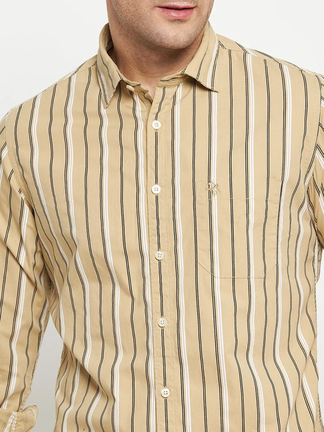 Cantabil Cotton Khaki Striped Full Sleeve Regular Fit Casual Shirt for Men with Pocket