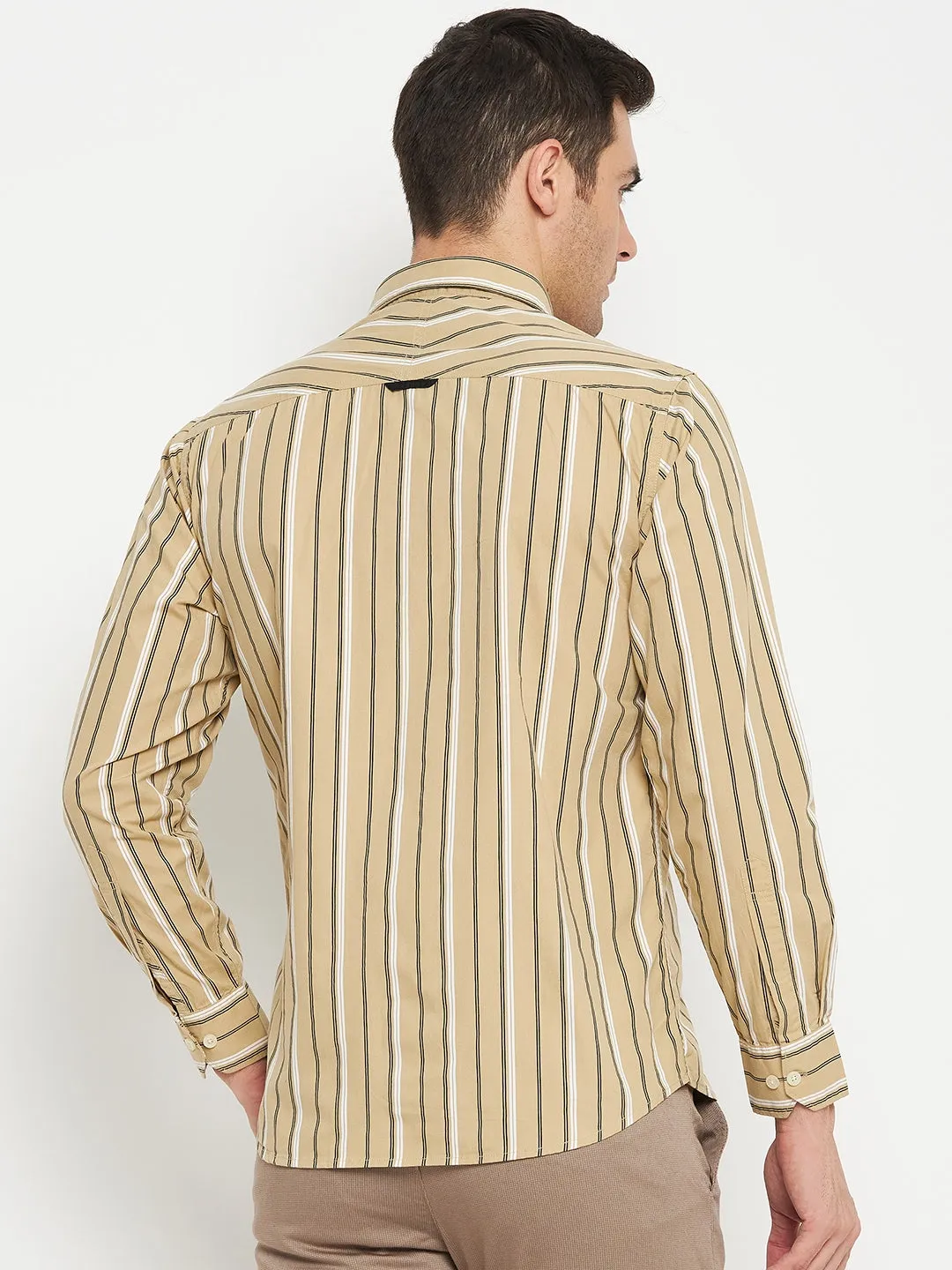 Cantabil Cotton Khaki Striped Full Sleeve Regular Fit Casual Shirt for Men with Pocket