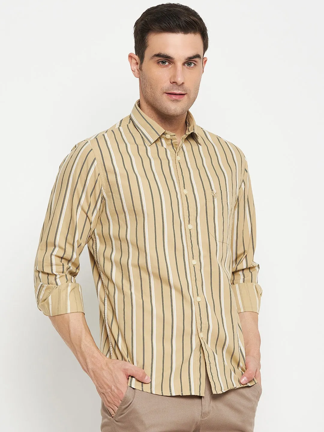 Cantabil Cotton Khaki Striped Full Sleeve Regular Fit Casual Shirt for Men with Pocket