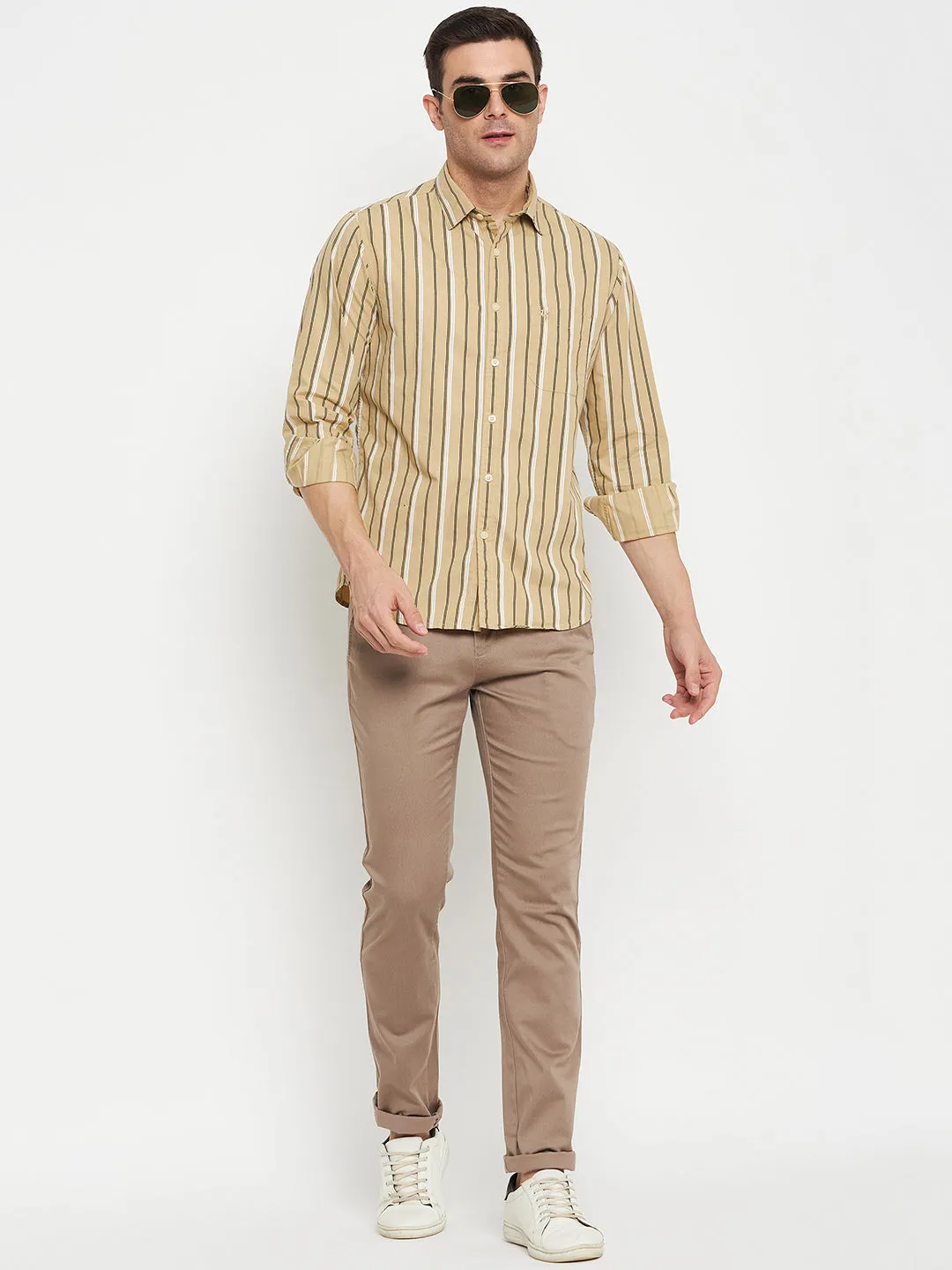 Cantabil Cotton Khaki Striped Full Sleeve Regular Fit Casual Shirt for Men with Pocket