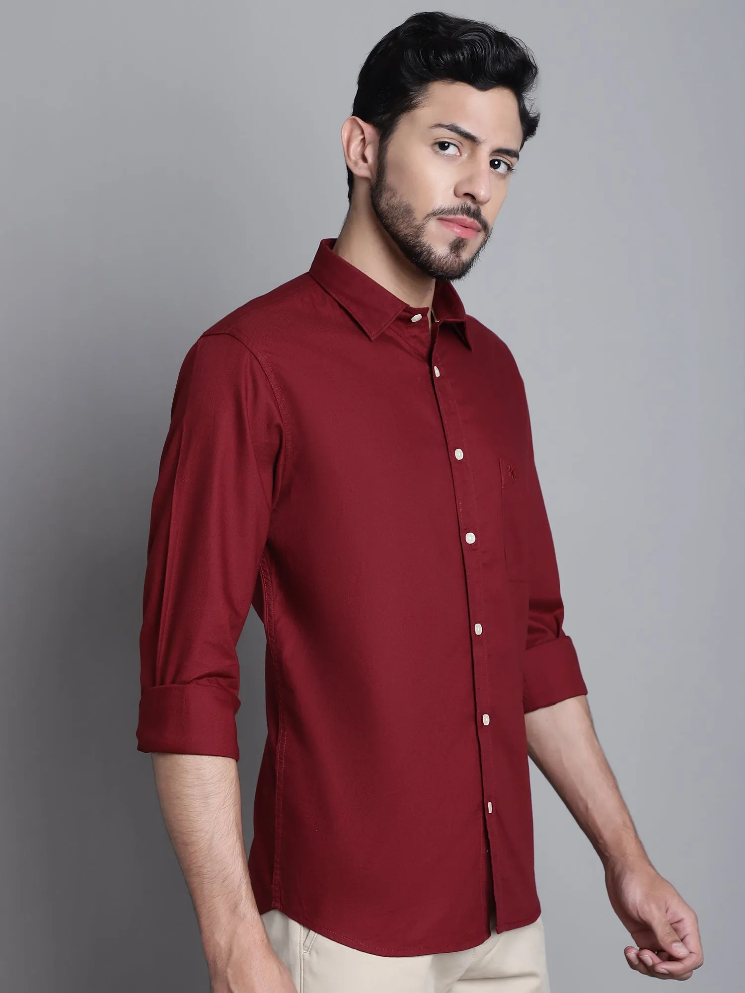 Cantabil Cotton Maroon Self Design Full Sleeve Regular Fit Casual Shirt for Men with Pocket