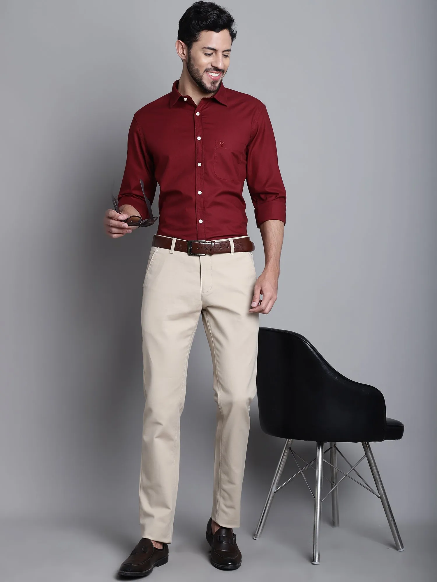 Cantabil Cotton Maroon Self Design Full Sleeve Regular Fit Casual Shirt for Men with Pocket