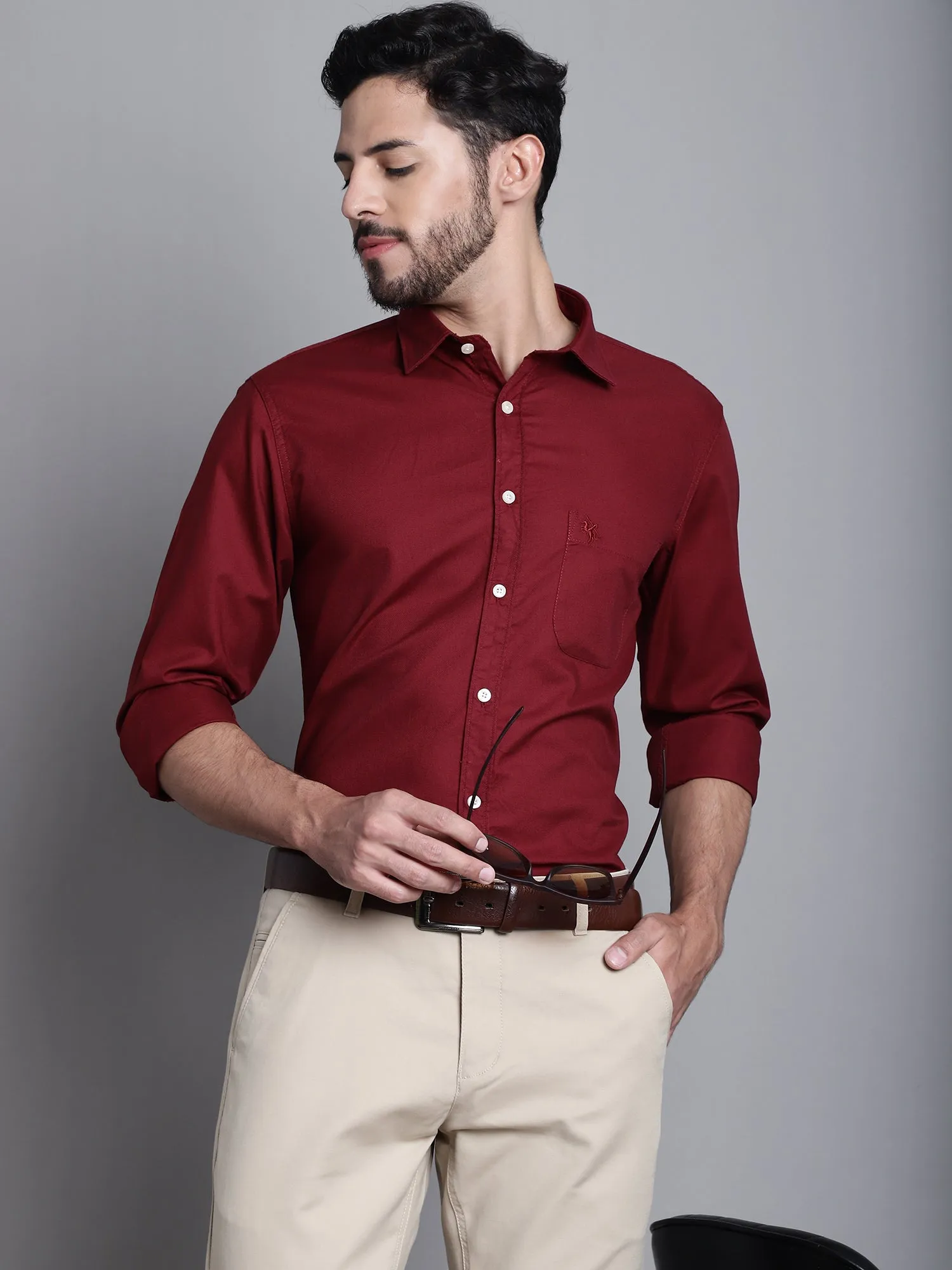 Cantabil Cotton Maroon Self Design Full Sleeve Regular Fit Casual Shirt for Men with Pocket