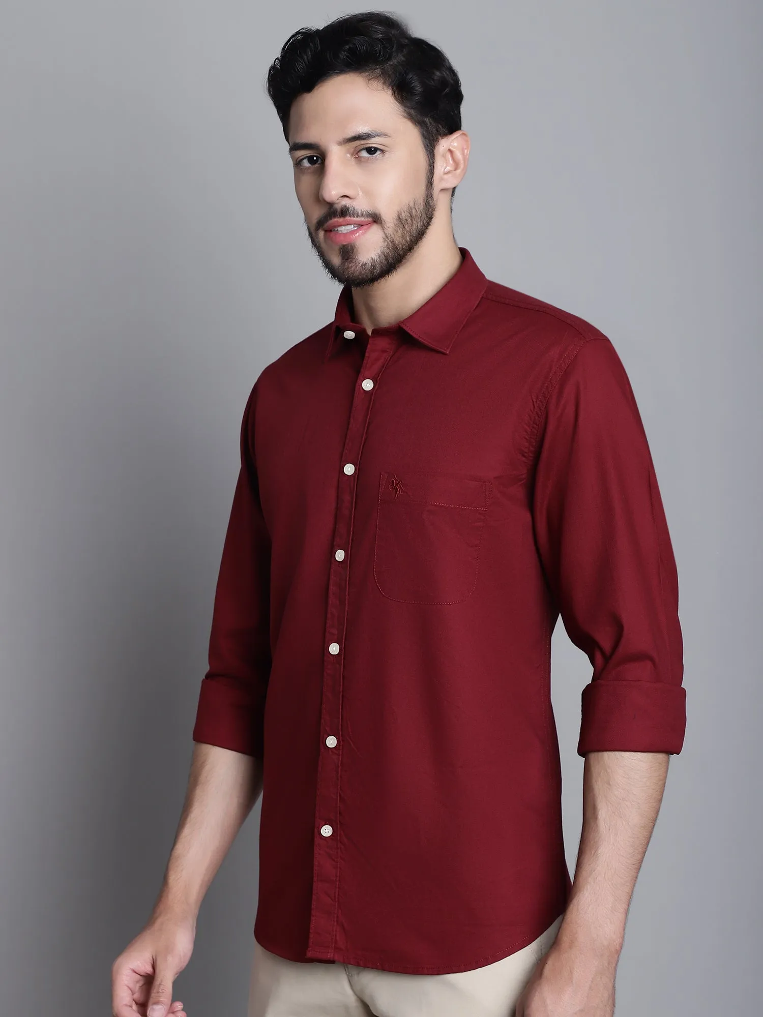 Cantabil Cotton Maroon Self Design Full Sleeve Regular Fit Casual Shirt for Men with Pocket