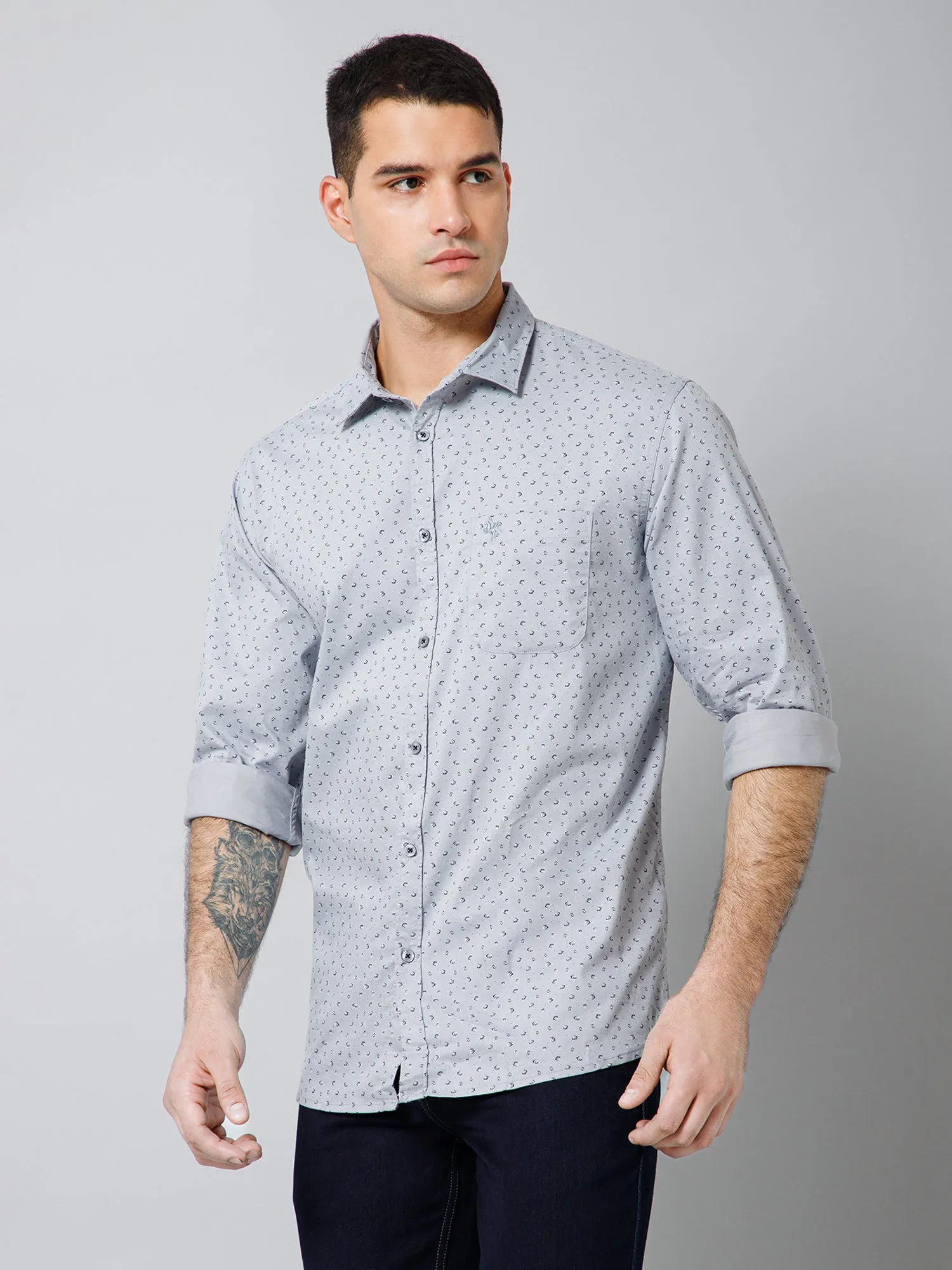 Cantabil Cotton Micro Printed Full Sleeve Regular Fit Grey Casual Shirt with Pocket for Men