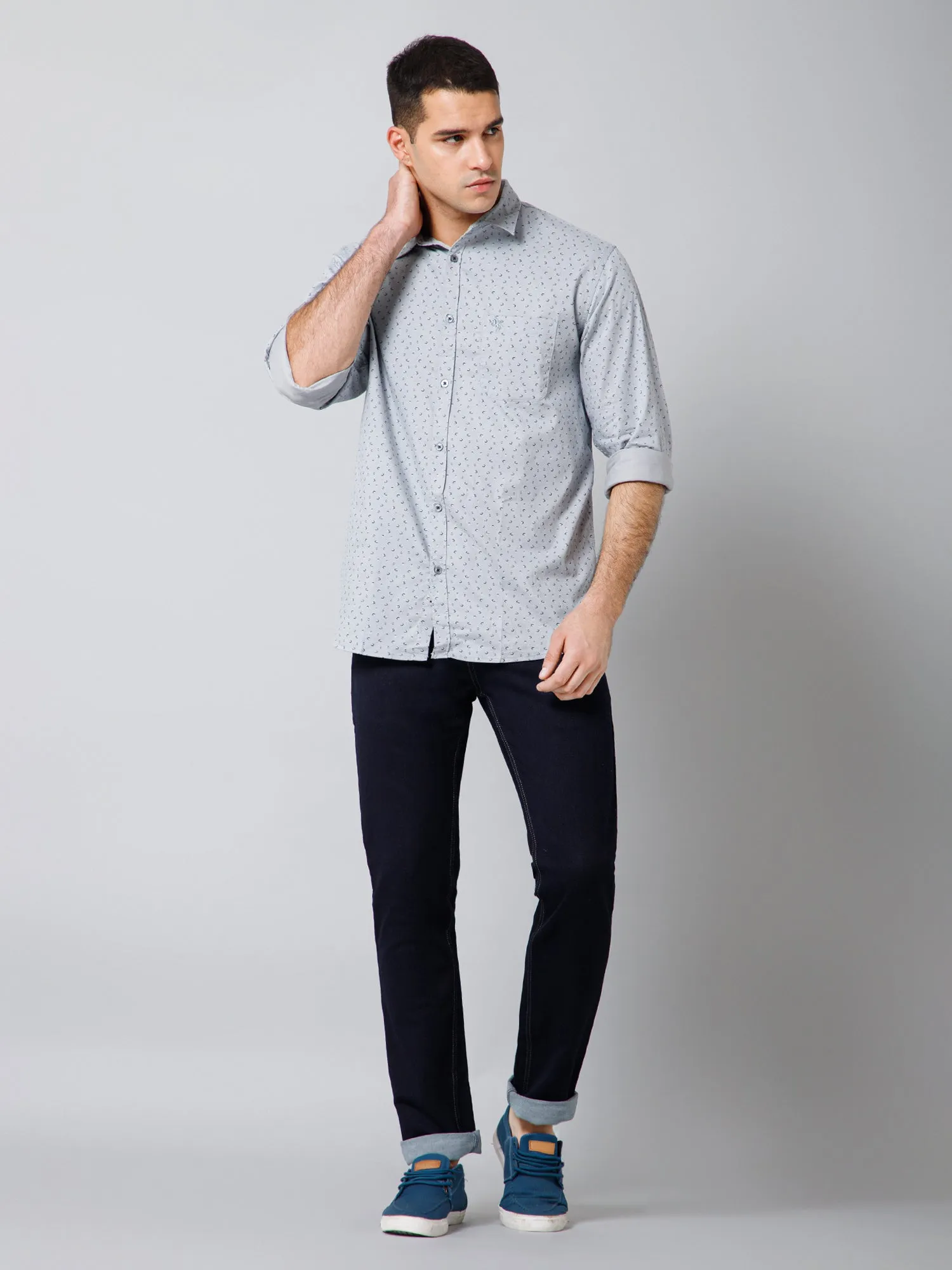 Cantabil Cotton Micro Printed Full Sleeve Regular Fit Grey Casual Shirt with Pocket for Men