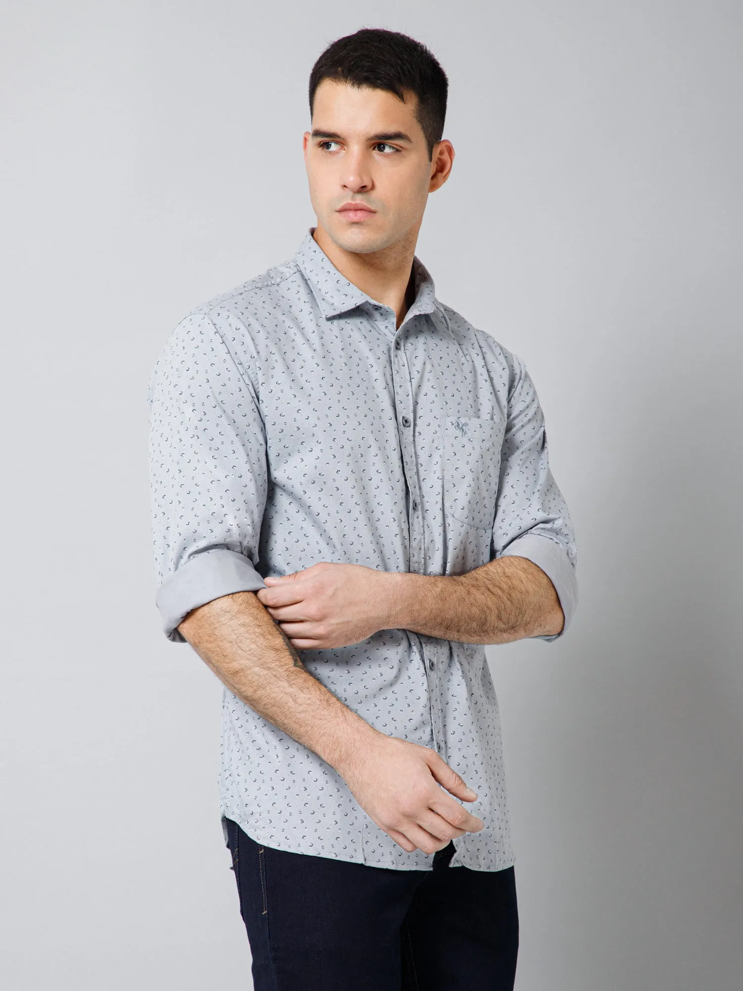 Cantabil Cotton Micro Printed Full Sleeve Regular Fit Grey Casual Shirt with Pocket for Men