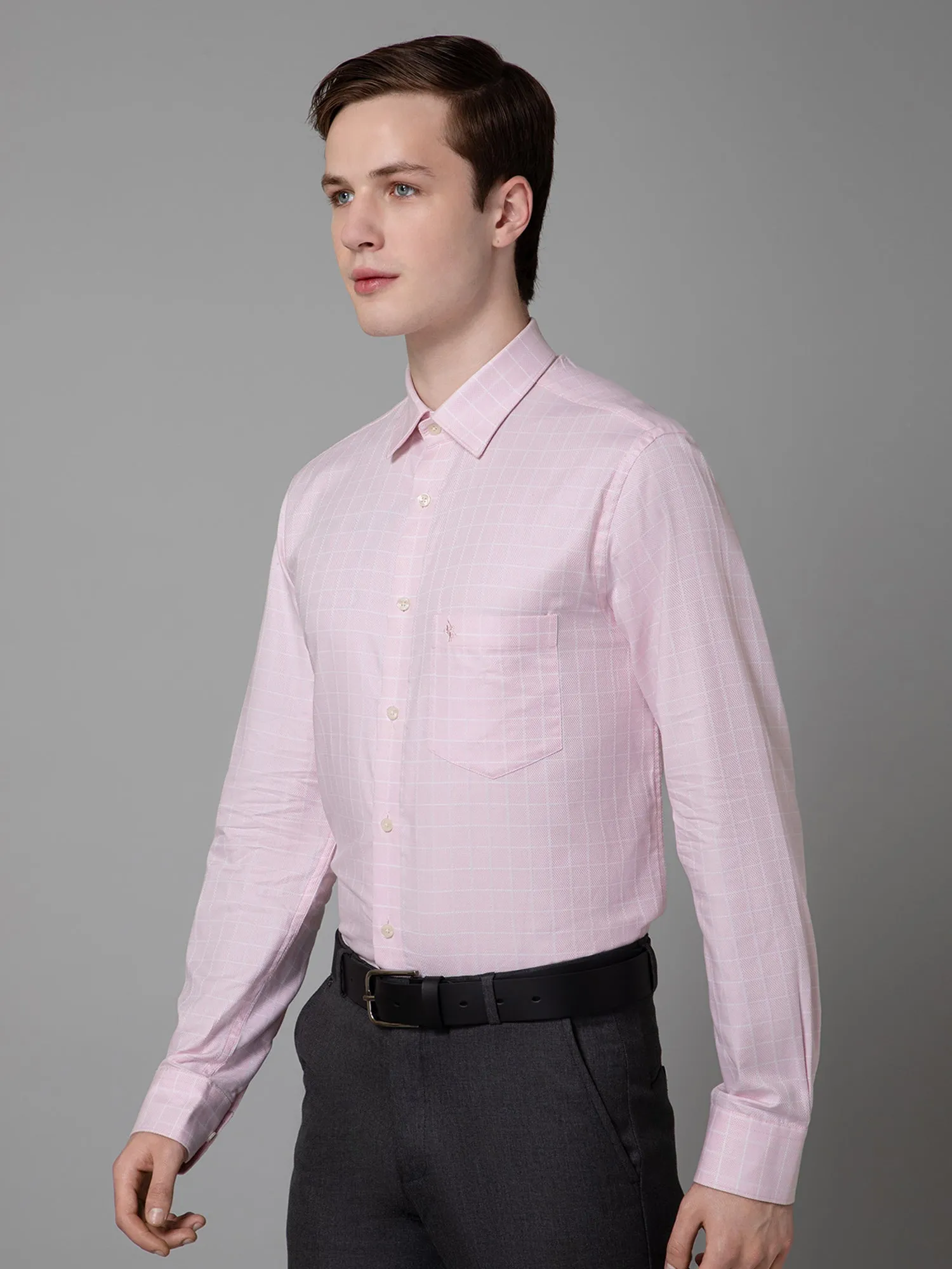 Cantabil Cotton Pink Checkered Full Sleeve Regular Fit Formal Shirt for Men with Pocket