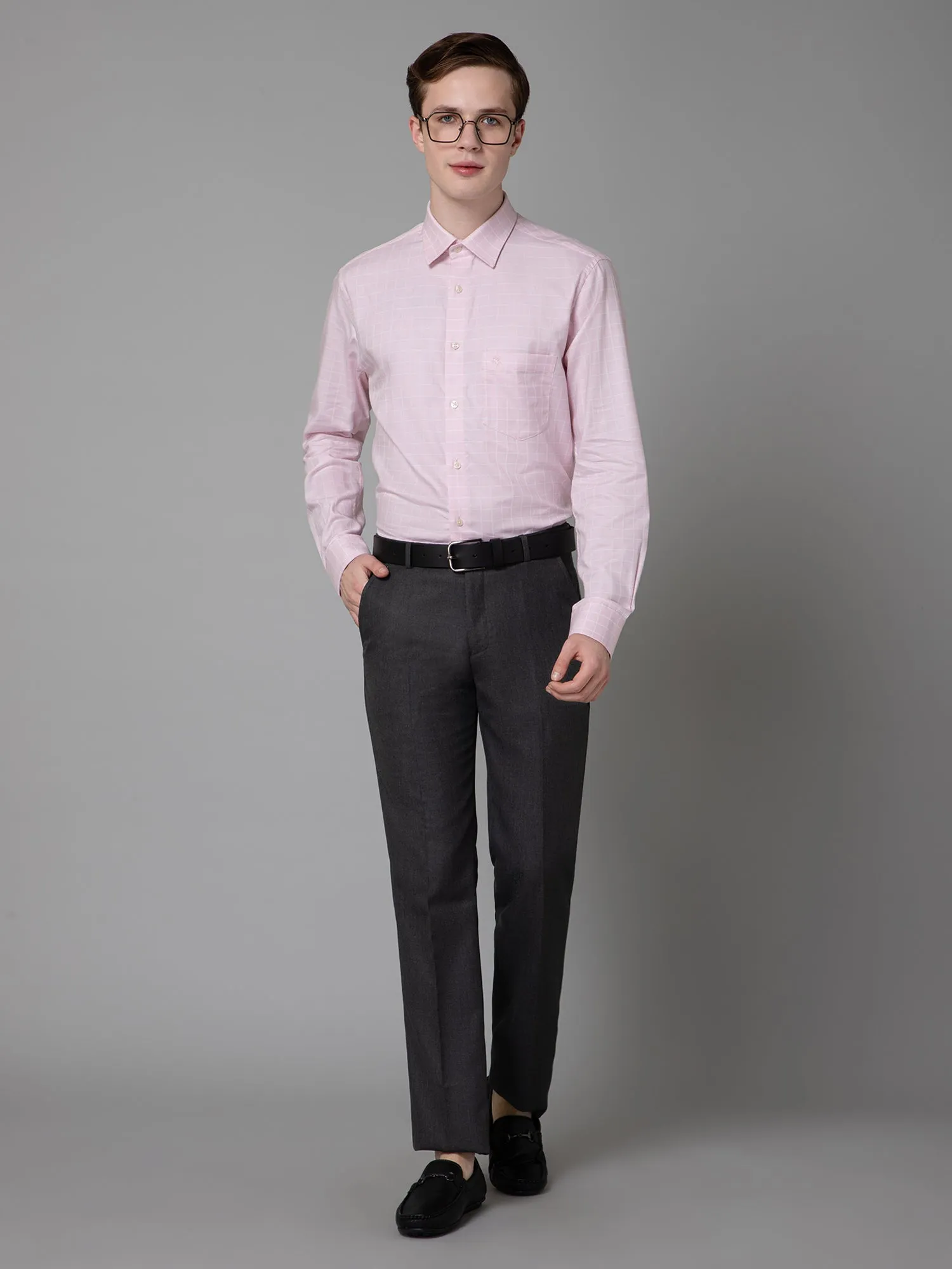 Cantabil Cotton Pink Checkered Full Sleeve Regular Fit Formal Shirt for Men with Pocket