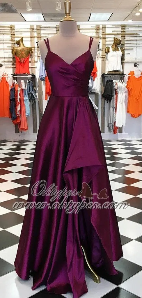 Charming Purple Simple Plum Satin Long Side Slit Prom Dresses, TYP1572