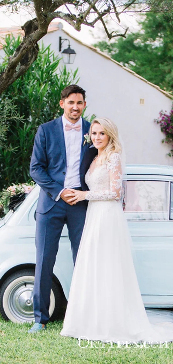 Charming V-neck Long Sleeve Long Cheap Chiffon Top Lace Wedding Dresses, TYP1988