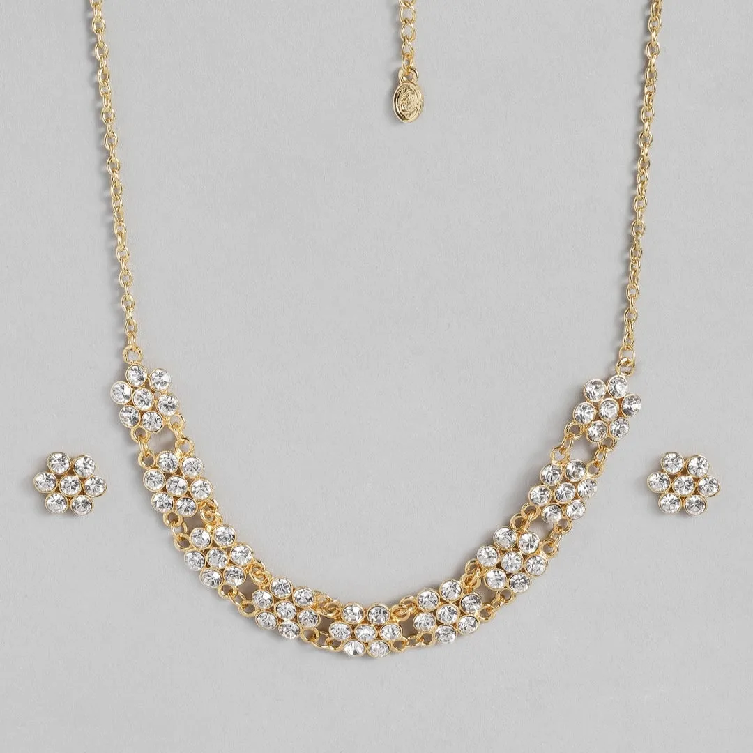 Estele 24 Kt Gold Plated Geometric Shape Austrian Crystal Necklace Set for Women