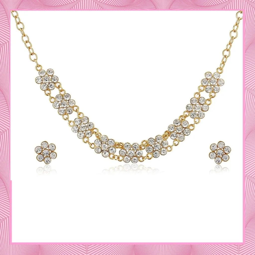 Estele 24 Kt Gold Plated Geometric Shape Austrian Crystal Necklace Set for Women