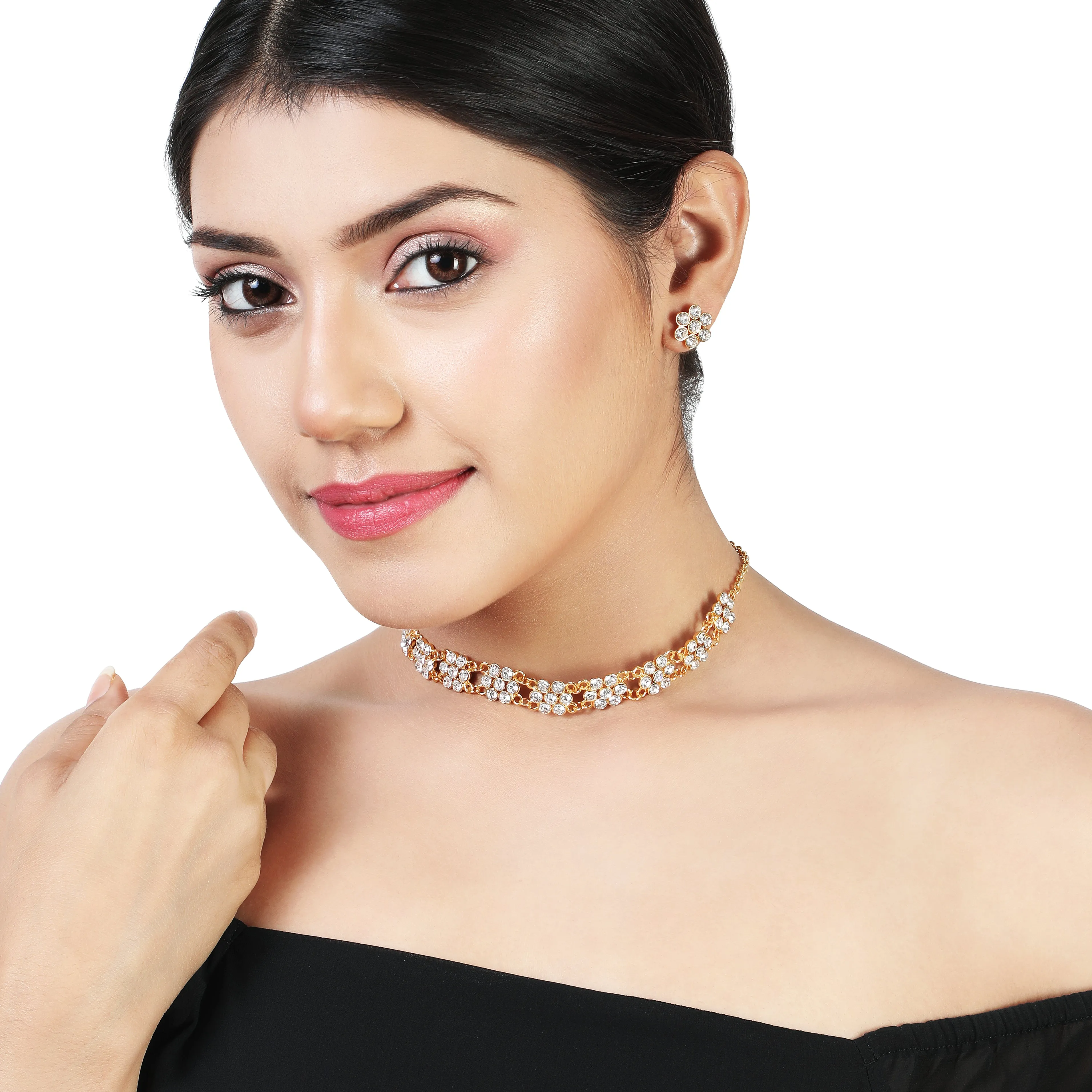 Estele 24 Kt Gold Plated Geometric Shape Austrian Crystal Necklace Set for Women