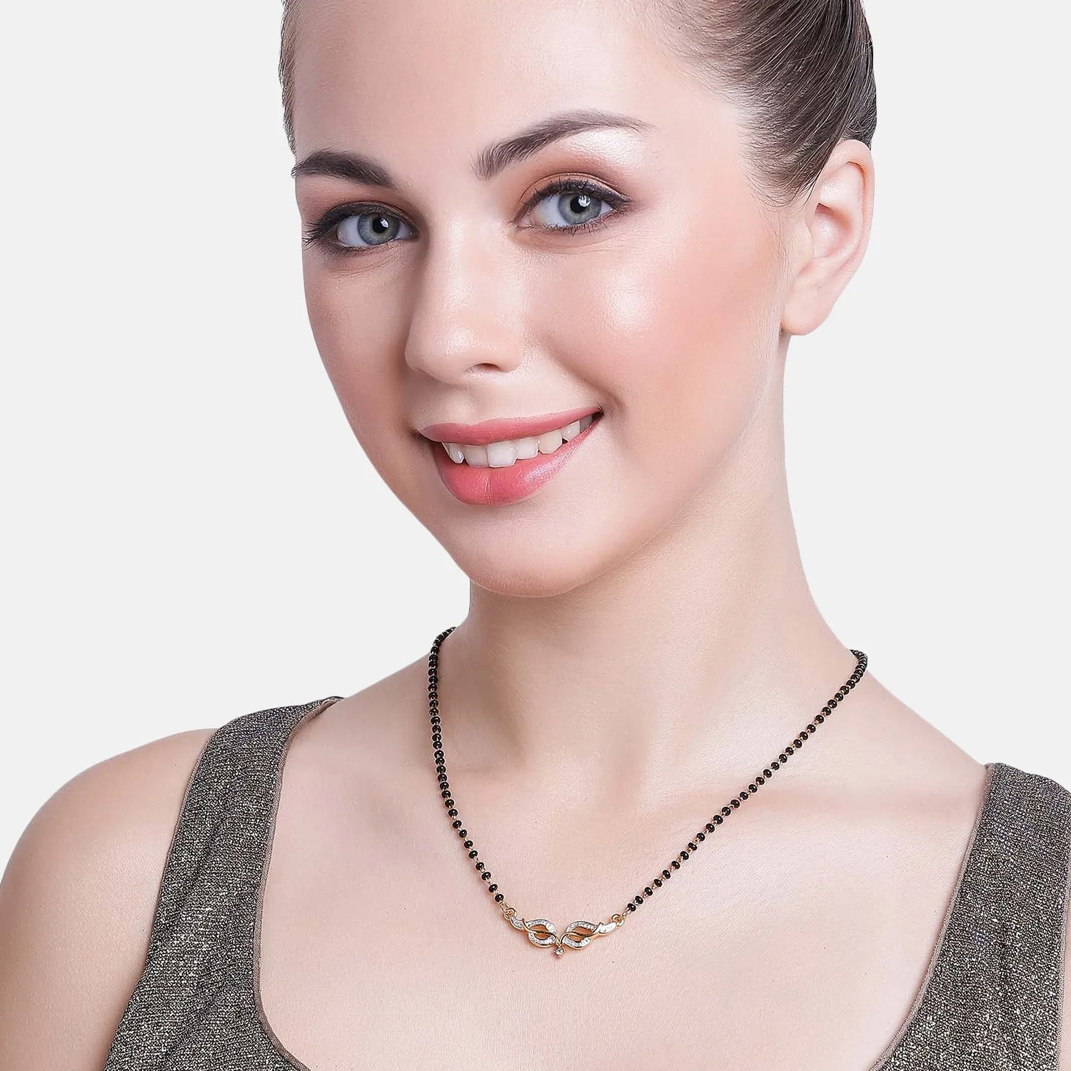 Estele Gold & Rhodium Plated Leaflet Textured Mangalsutra Necklace with Austrian Crystals for Women