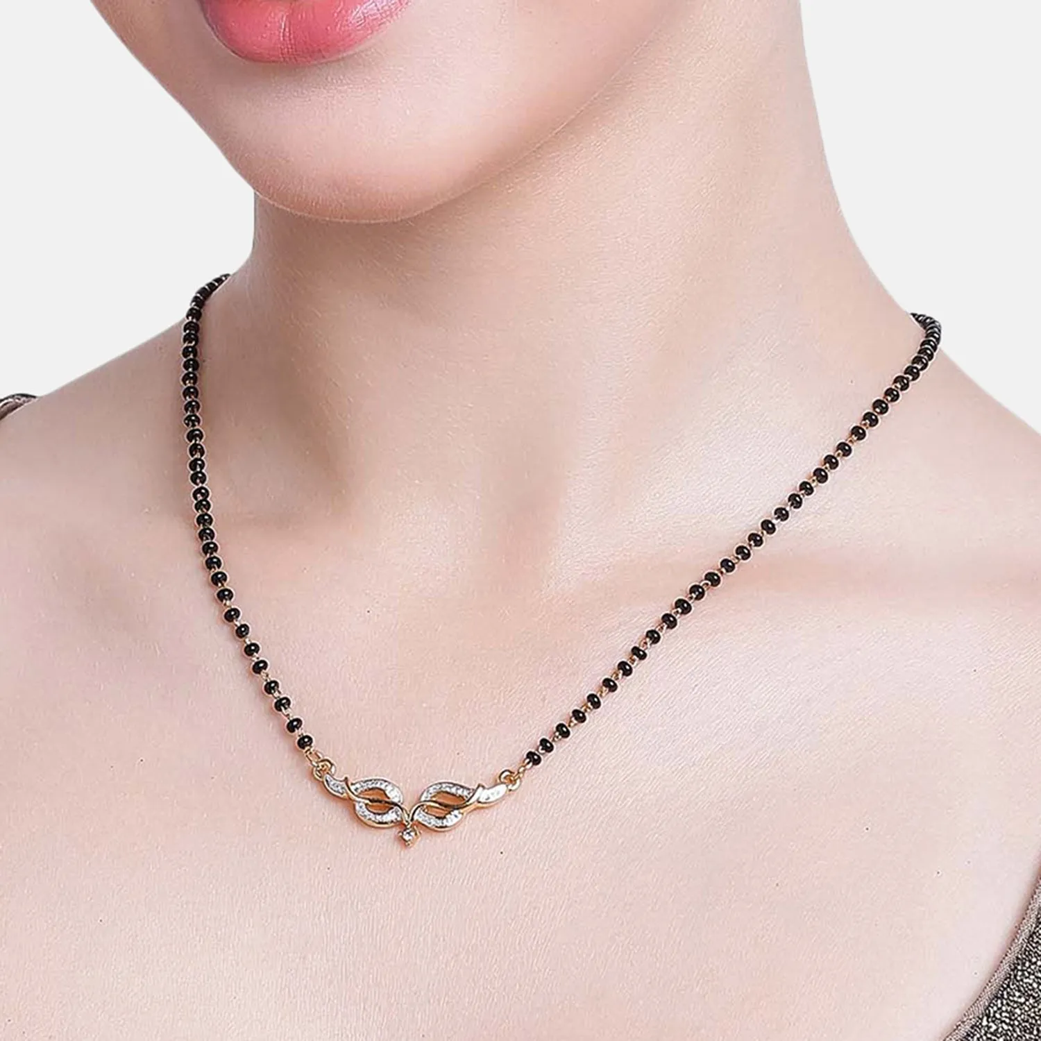 Estele Gold & Rhodium Plated Leaflet Textured Mangalsutra Necklace with Austrian Crystals for Women