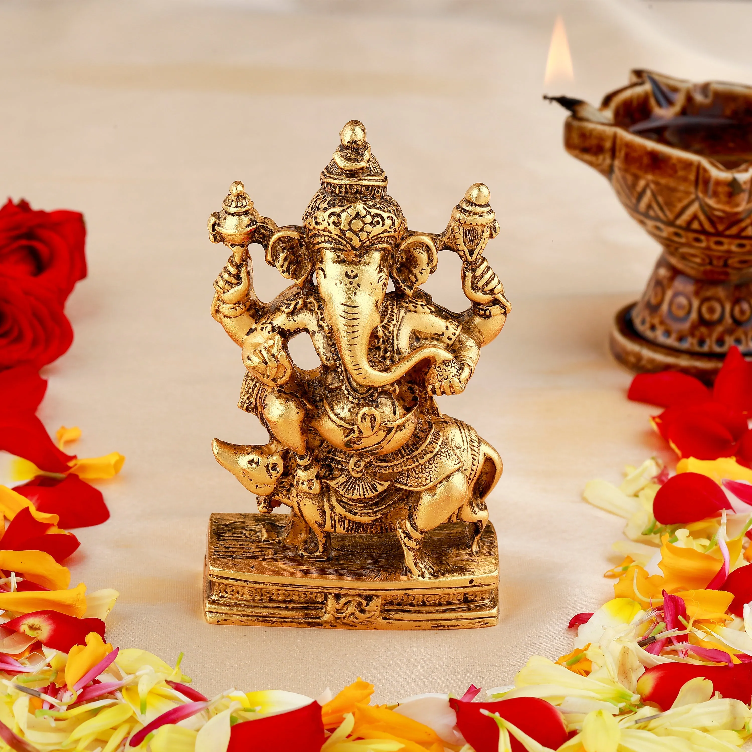 Estele Gold Plated Antique Spiritual Lord Mooshika Ganesh Idol for Gifts & House Warming/Home/Office Decors.