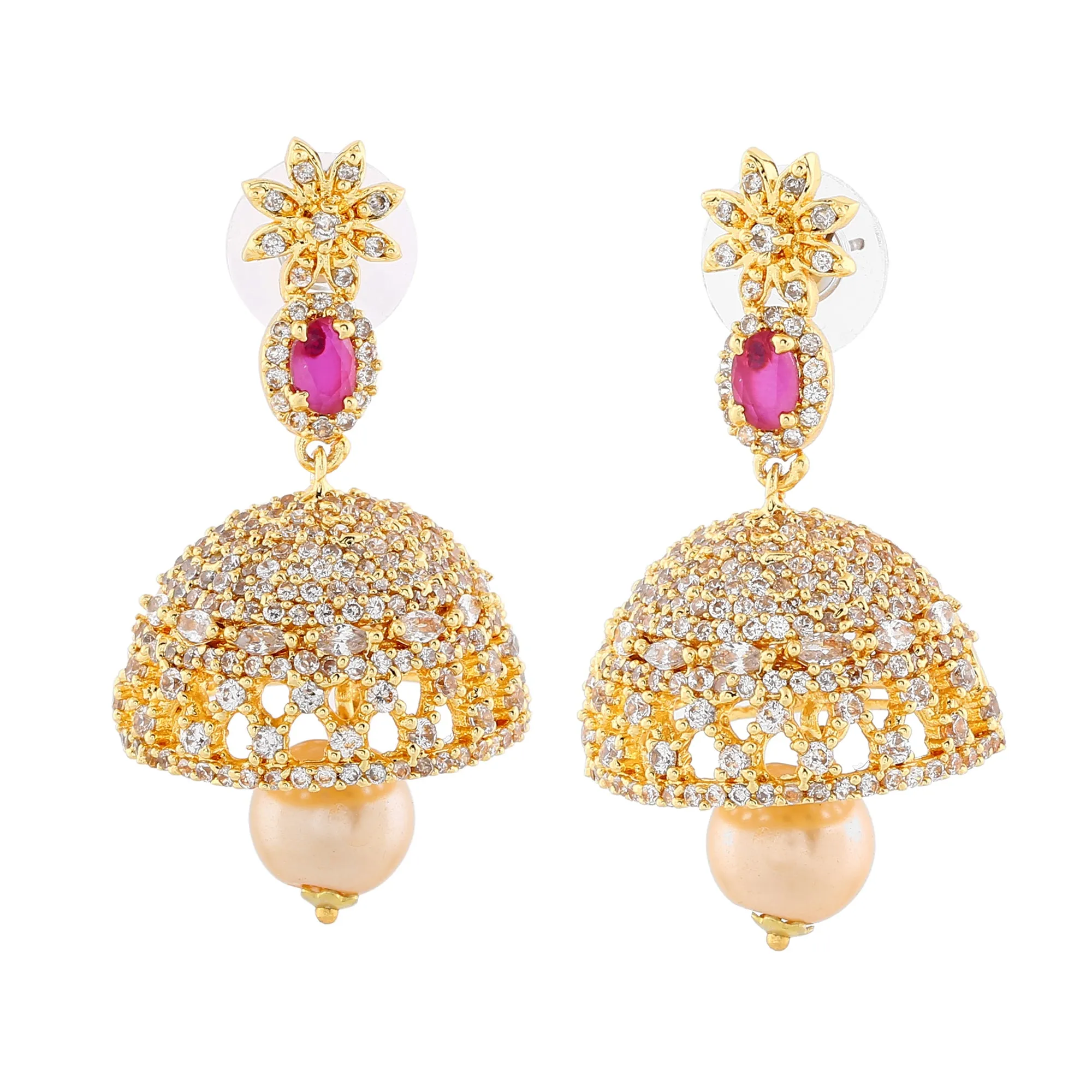 Estele Gold Plated CZ Designer Jaliwala Jhumka Earrings with Pearl & Ruby Crystals for Women