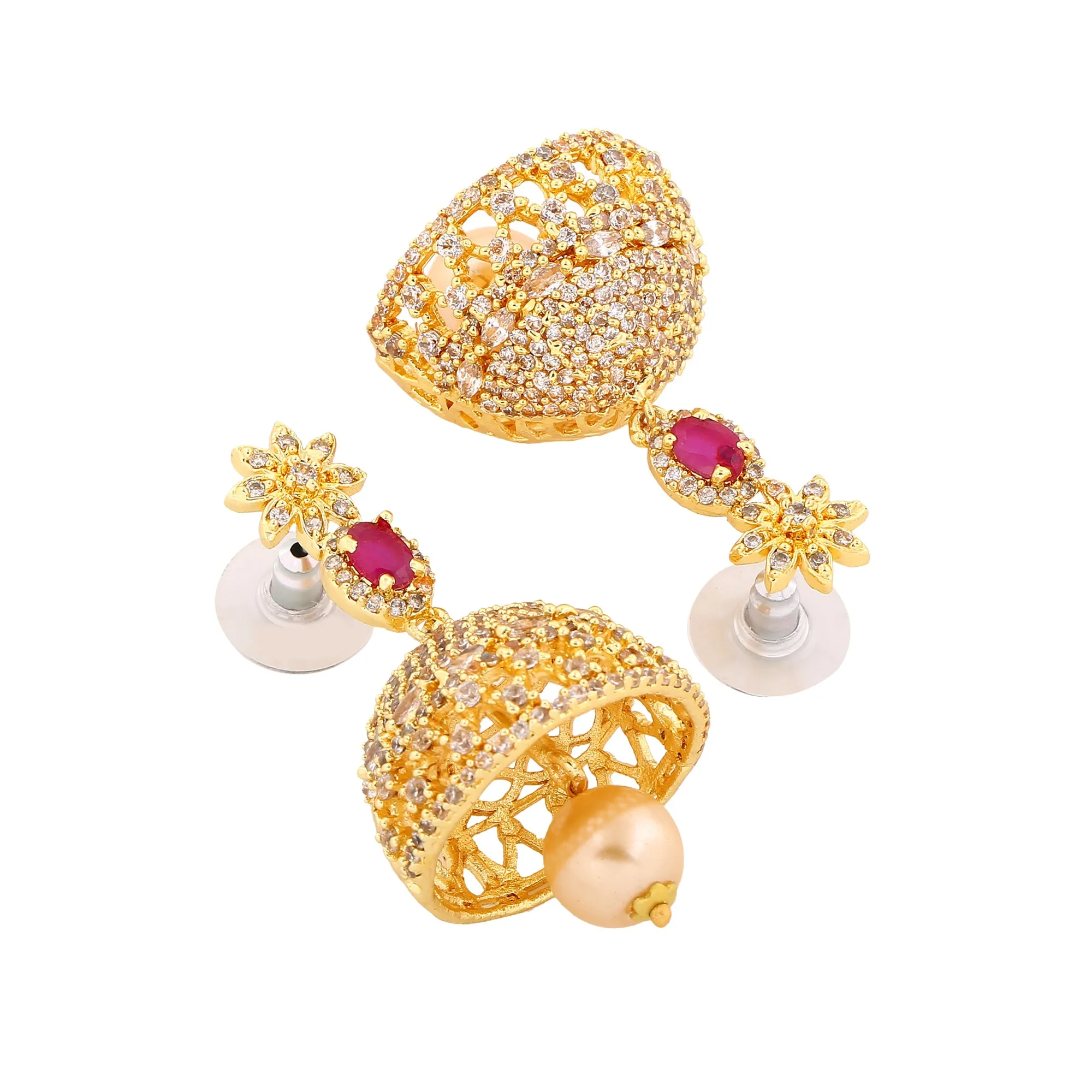 Estele Gold Plated CZ Designer Jaliwala Jhumka Earrings with Pearl & Ruby Crystals for Women