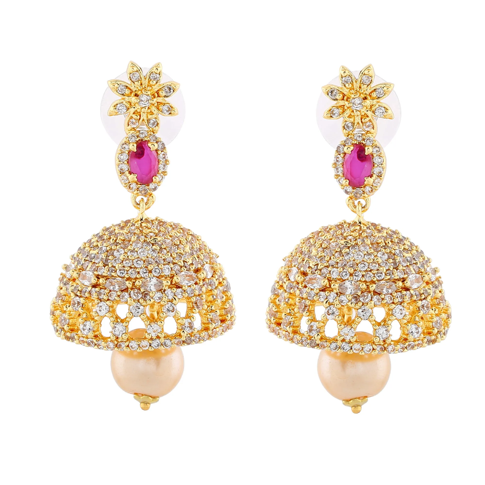 Estele Gold Plated CZ Designer Jaliwala Jhumka Earrings with Pearl & Ruby Crystals for Women