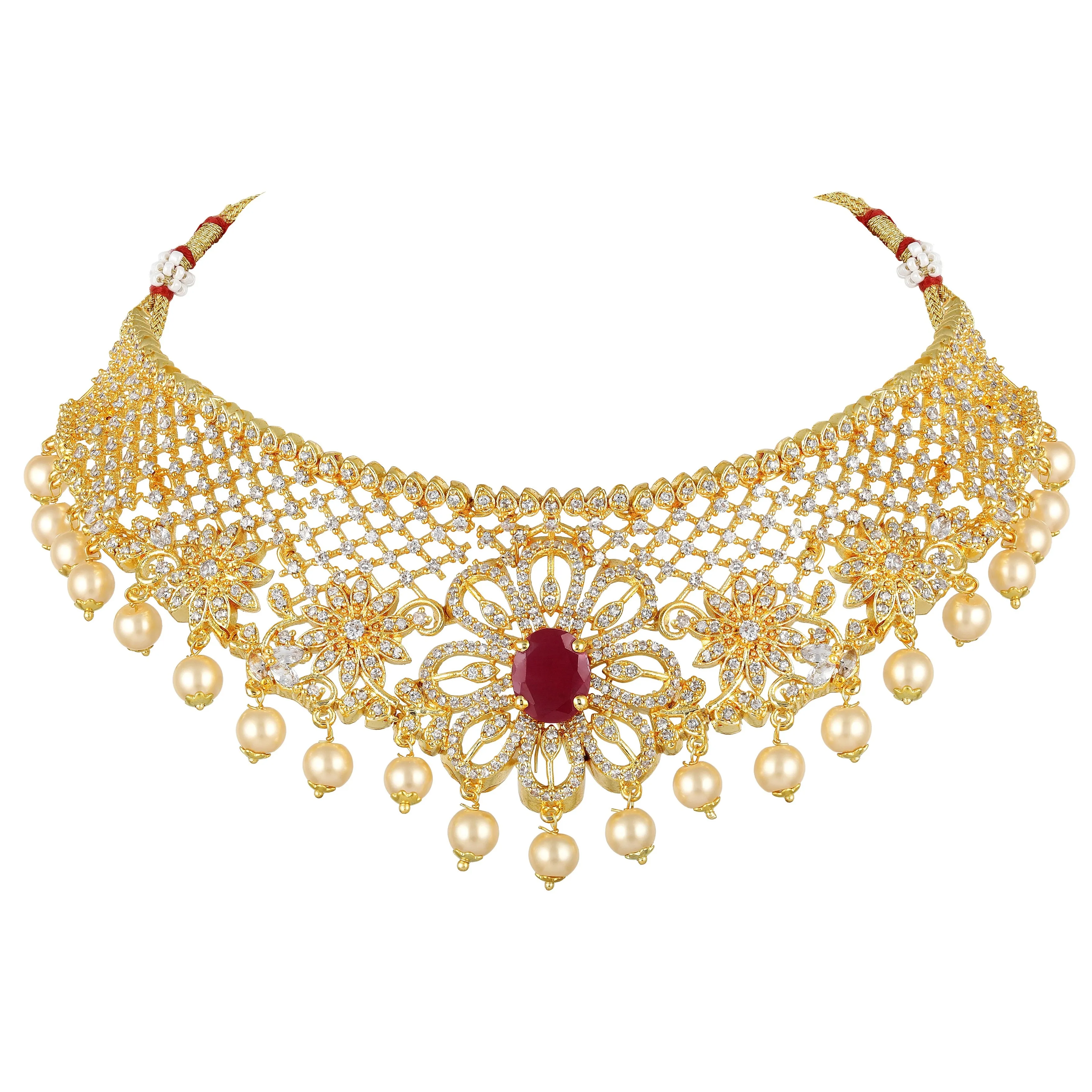 Estele Gold Plated CZ Floral Design Bridal Choker Necklace set with Pearls & Color Stones for Women