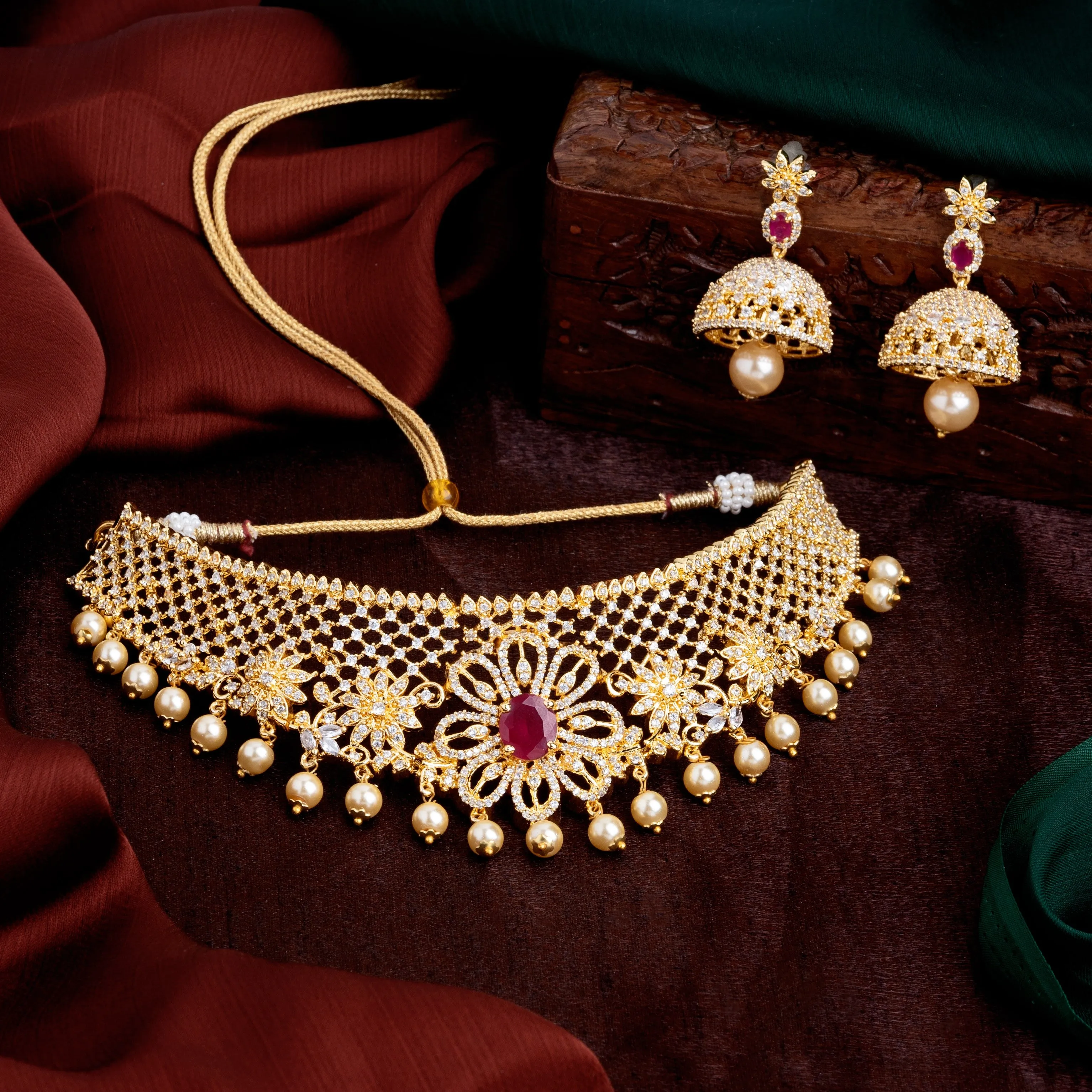 Estele Gold Plated CZ Floral Design Bridal Choker Necklace set with Pearls & Color Stones for Women