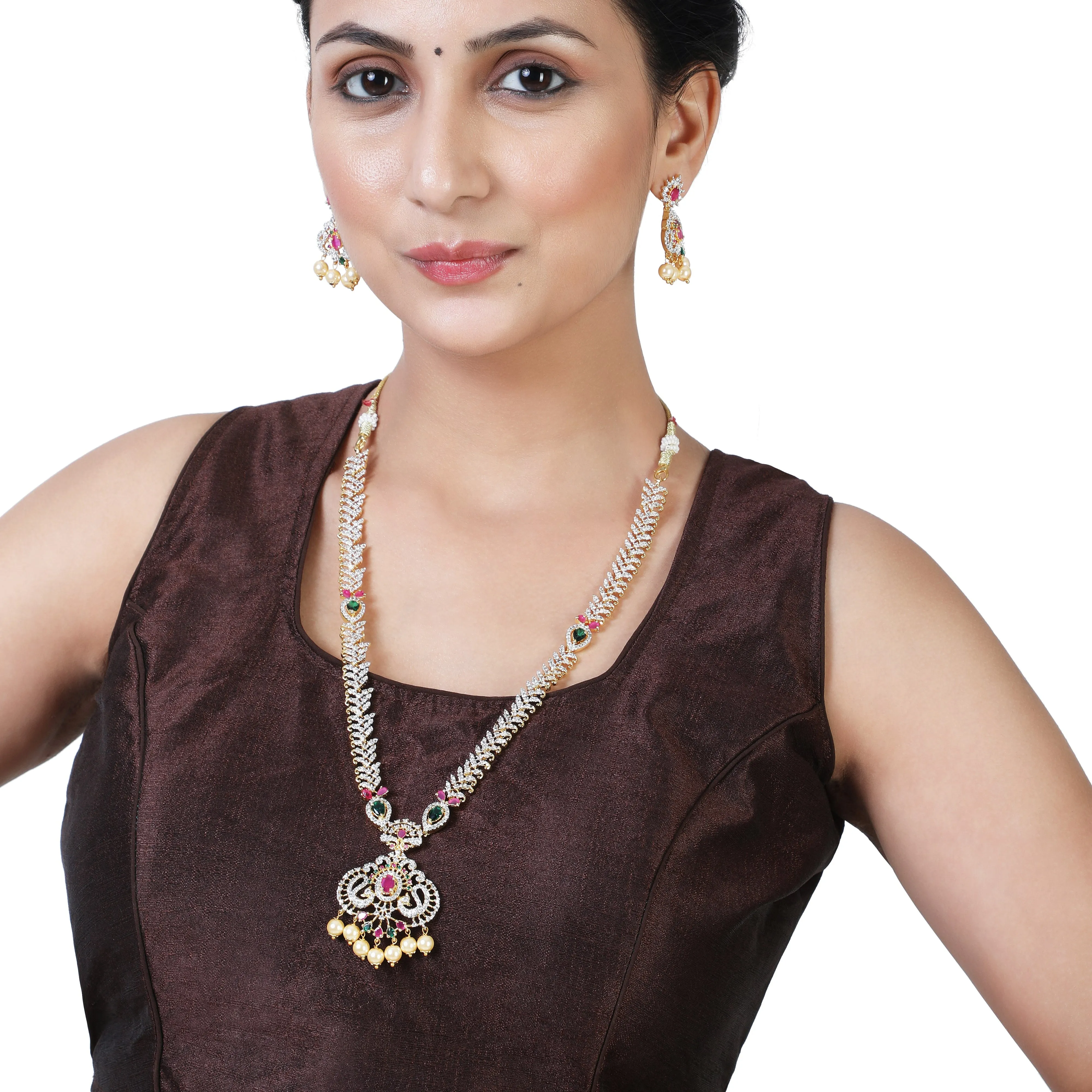Estele Gold Plated CZ Peacock Inspired Long Necklace set with Pearls & Colored stones for Women