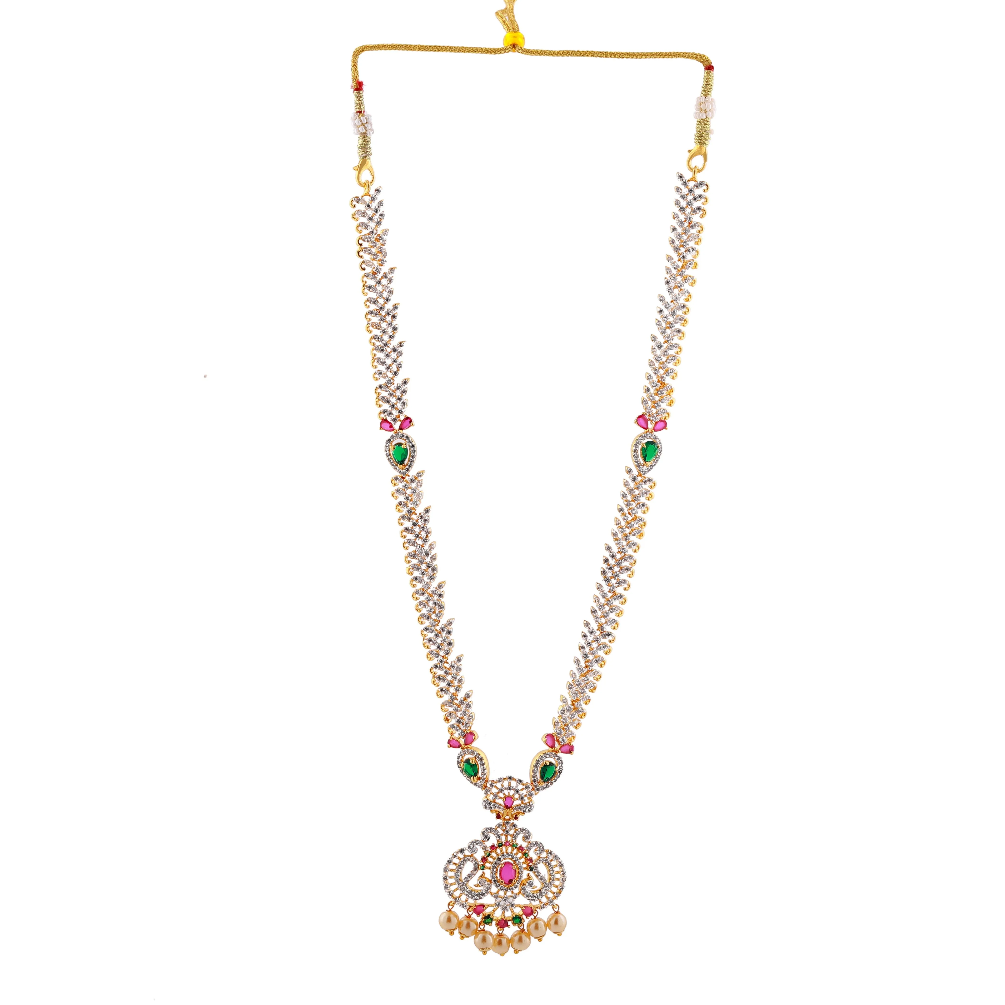 Estele Gold Plated CZ Peacock Inspired Long Necklace set with Pearls & Colored stones for Women