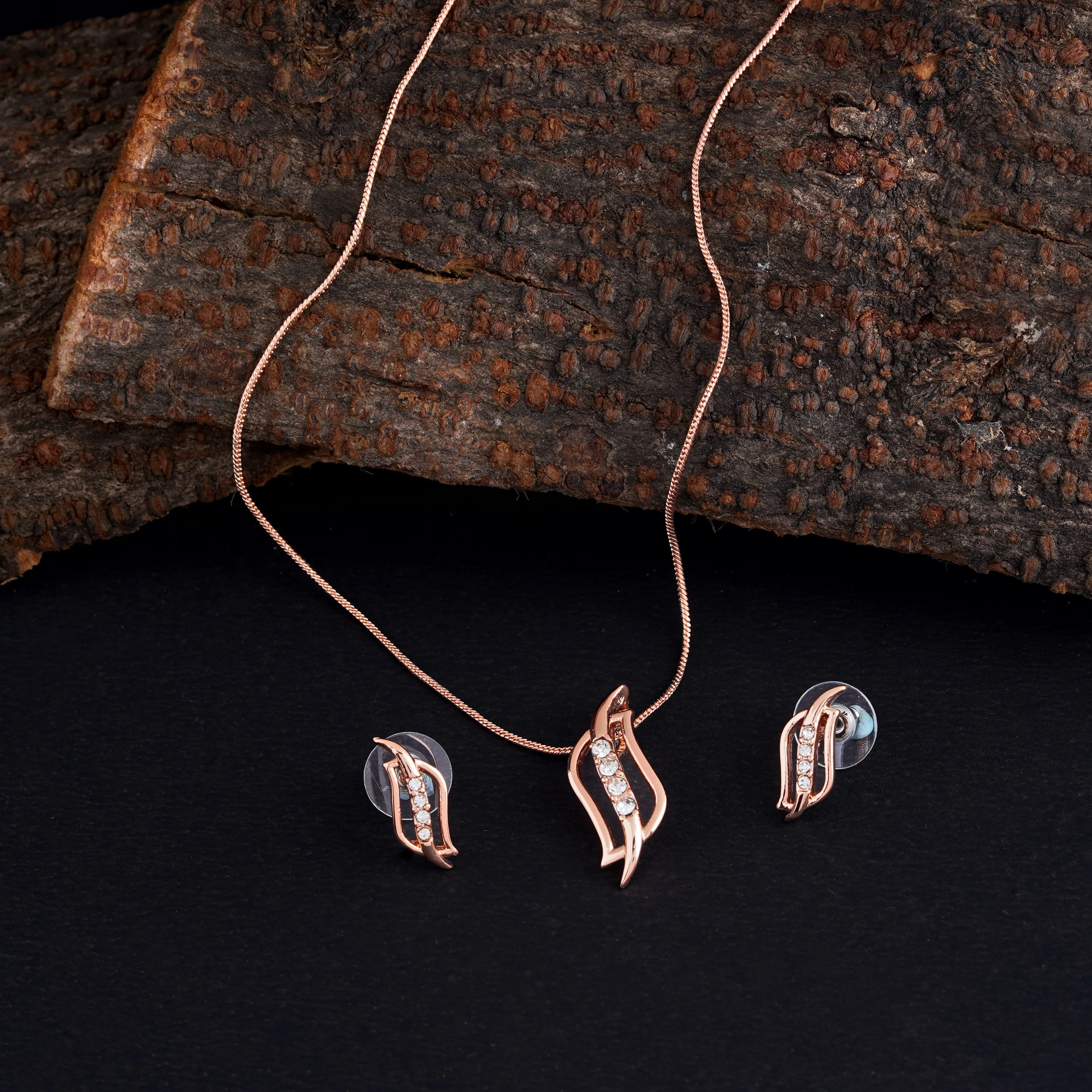 Estele - Rosegold plated Twirling American Diamond Pendant Set for Women