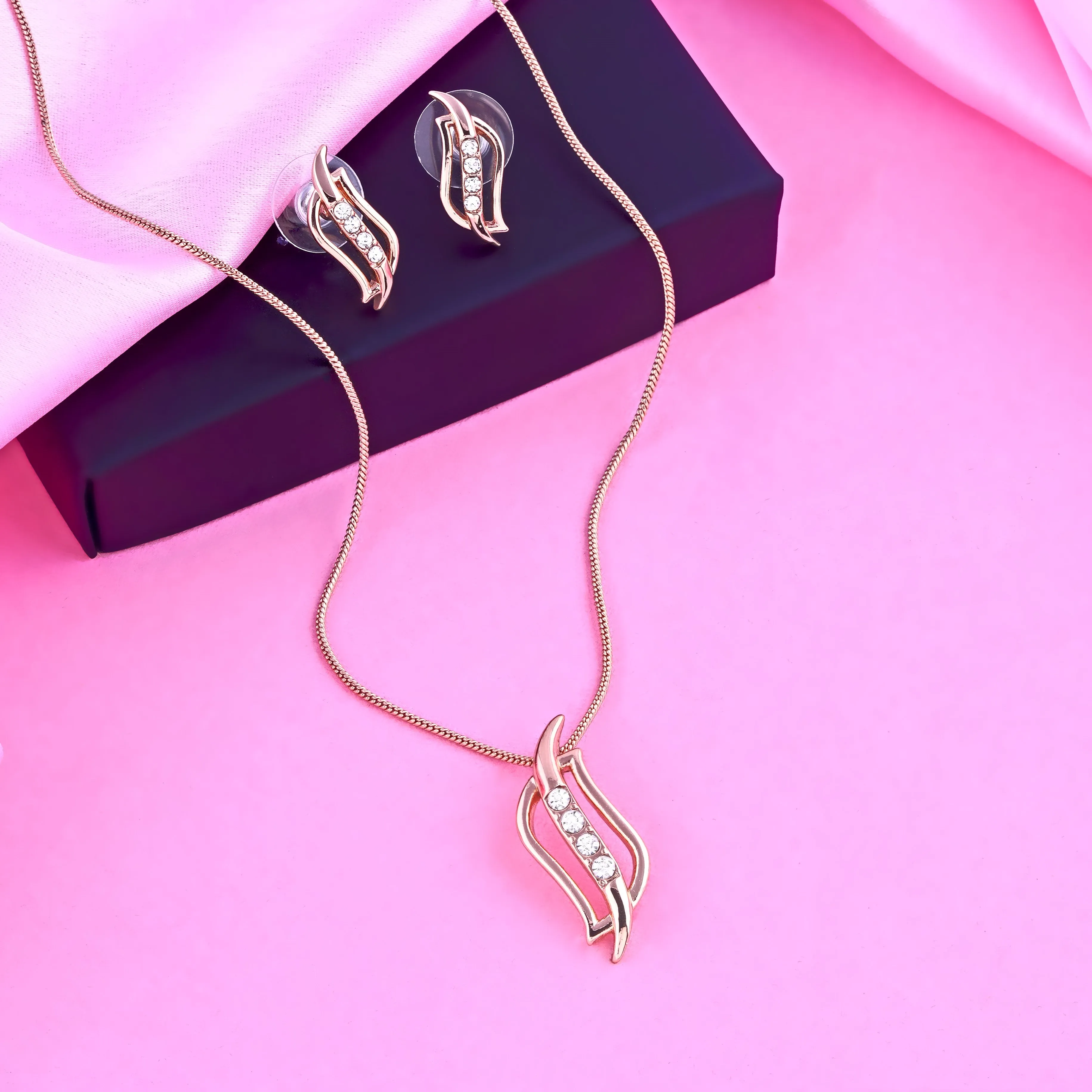 Estele - Rosegold plated Twirling American Diamond Pendant Set for Women