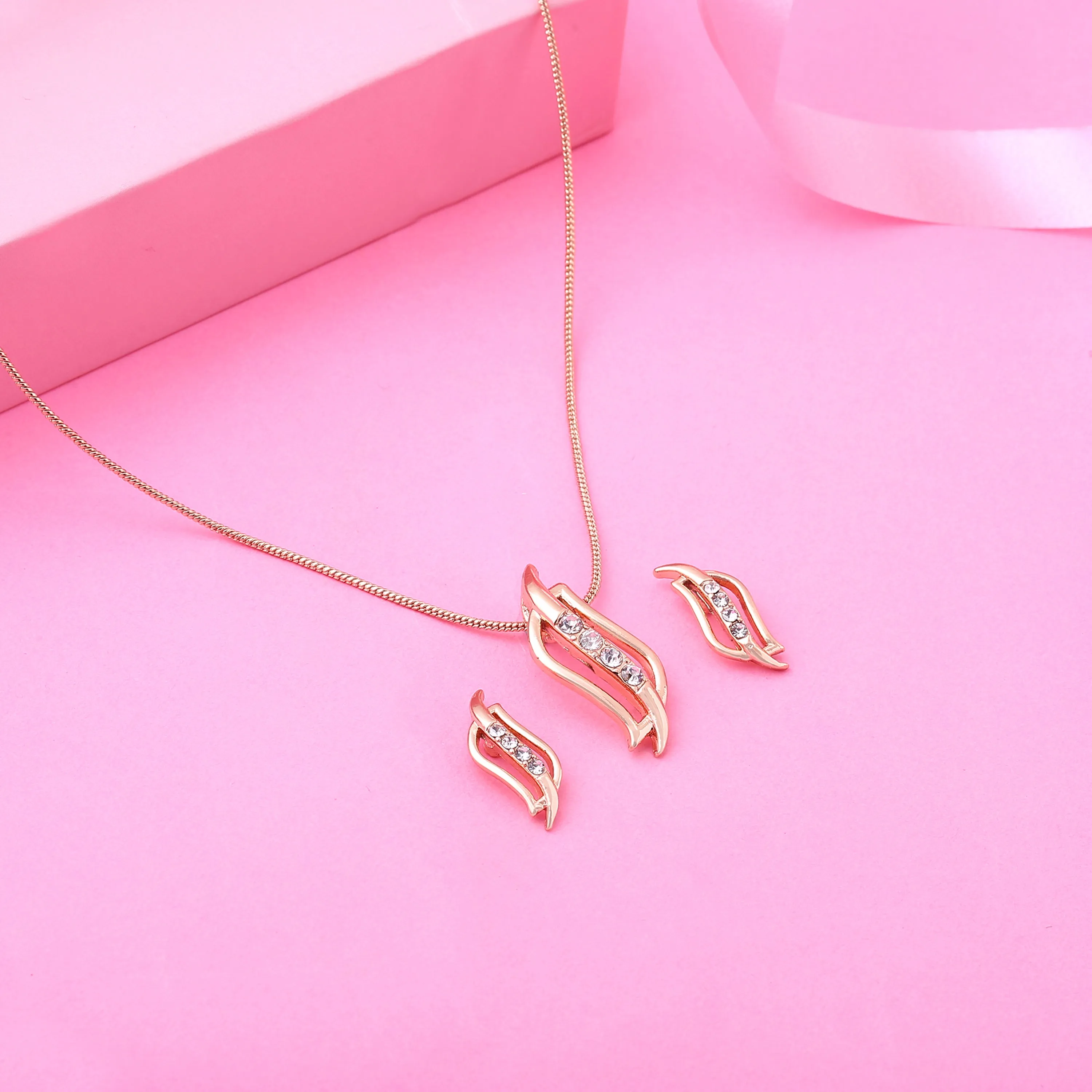 Estele - Rosegold plated Twirling American Diamond Pendant Set for Women