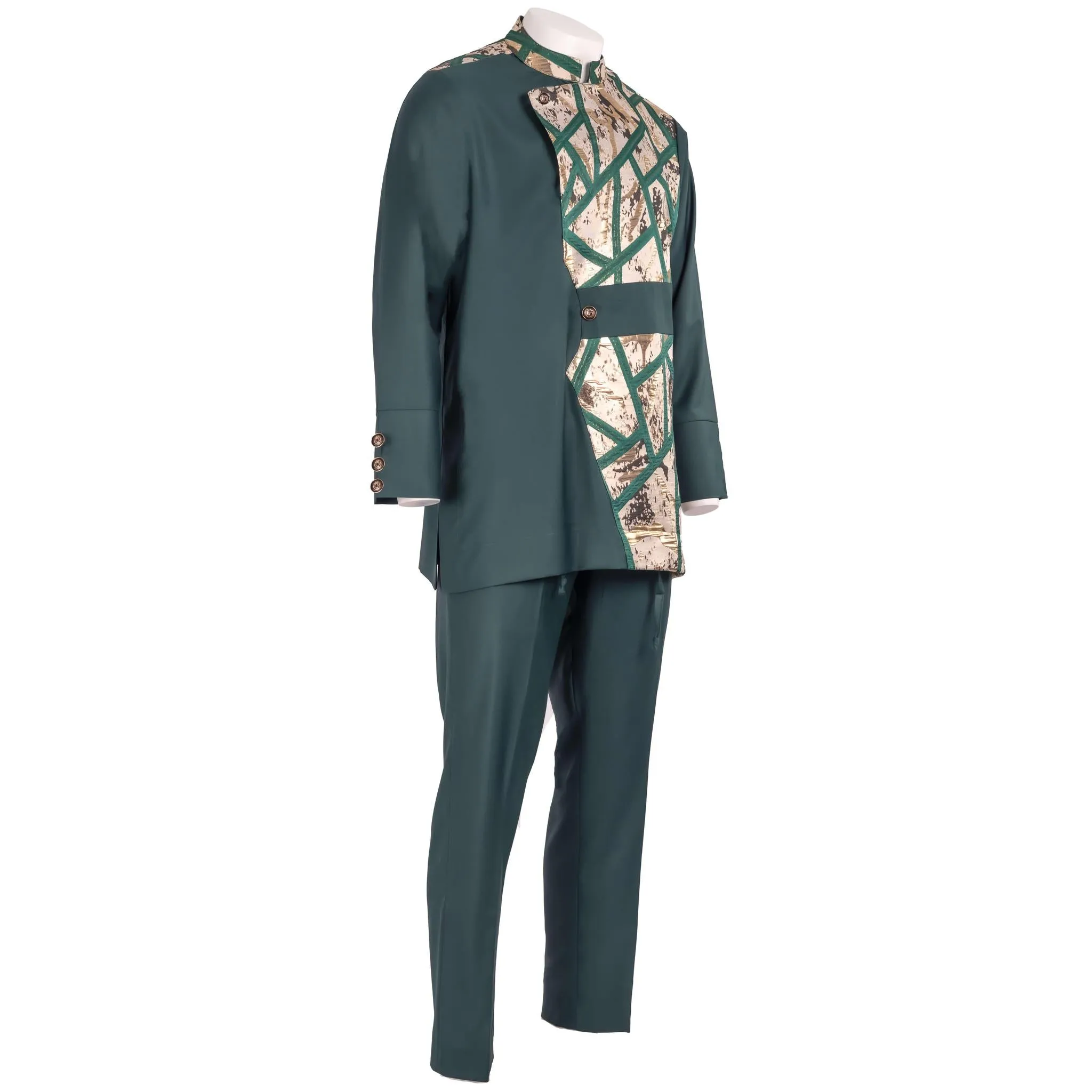 Green and Gold Mandarin Collar with Brocade Pant Set