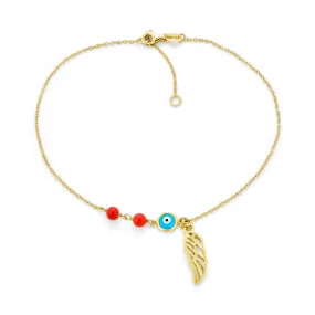 Guardian Angel Wing Feather Evil Eye Anklet Bracelet Gold Plated Silver 9-10"
