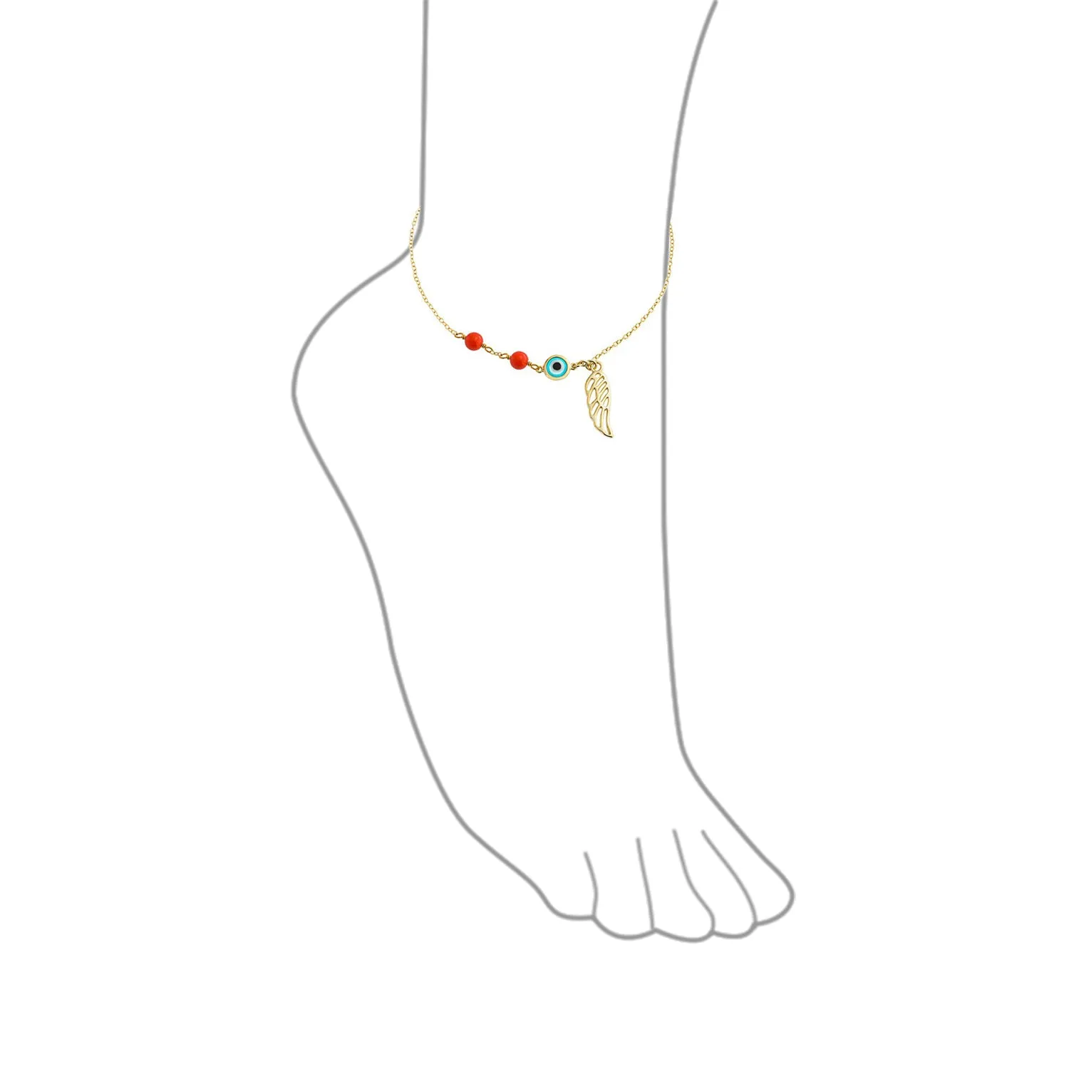 Guardian Angel Wing Feather Evil Eye Anklet Bracelet Gold Plated Silver 9-10"