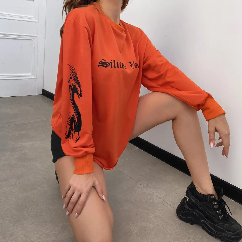 Letter Print Pullover Loose Round Neck Long Sleeve T-Shirt Women