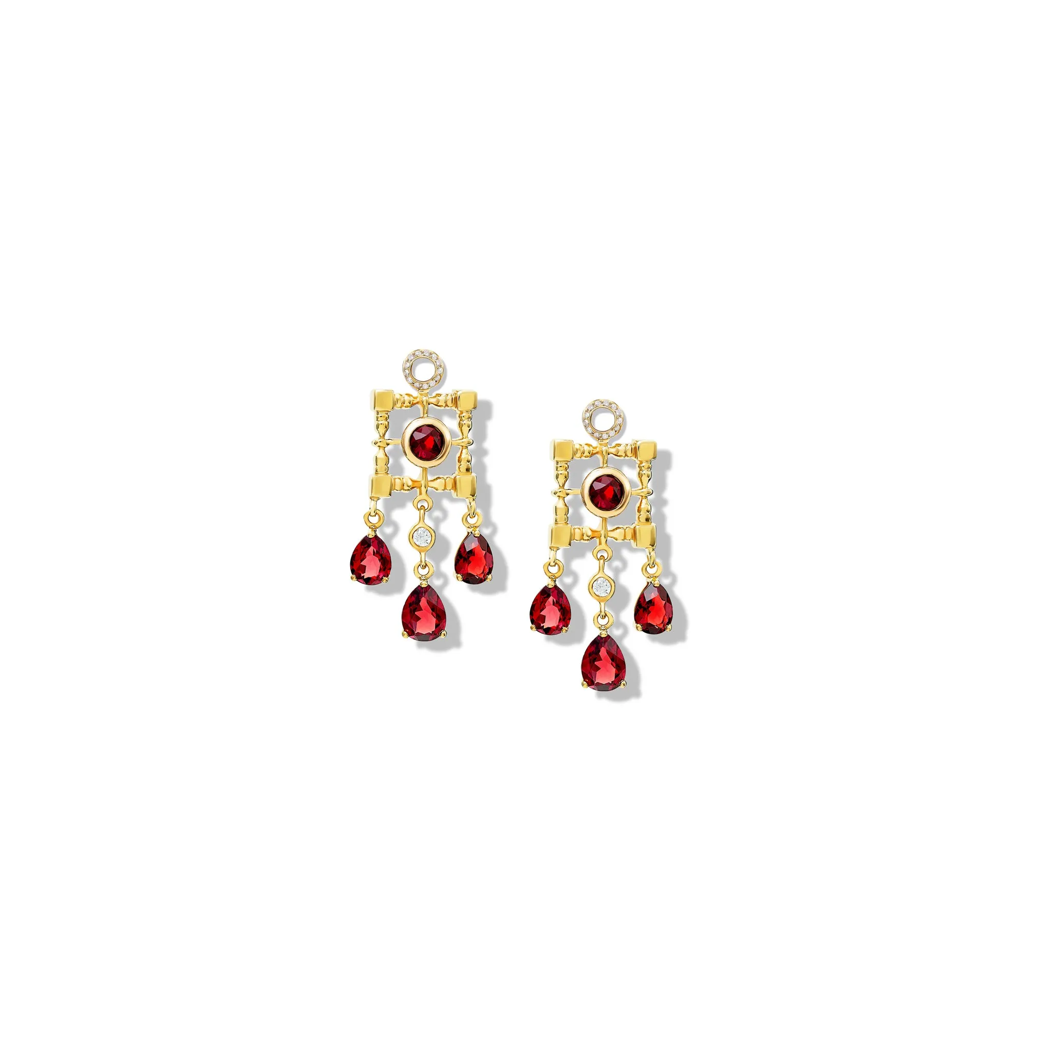 Mashrabiya Trellis Earring Drops Yellow Gold - Garnet & Diamond