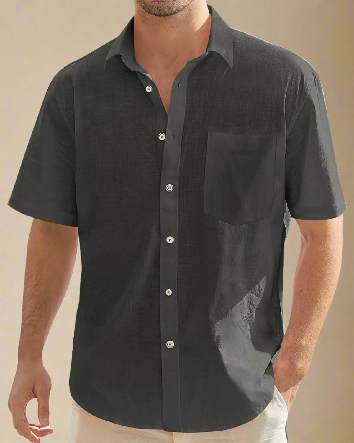 Men Short Sleeve Black Cotton and Linen Blend Shirt