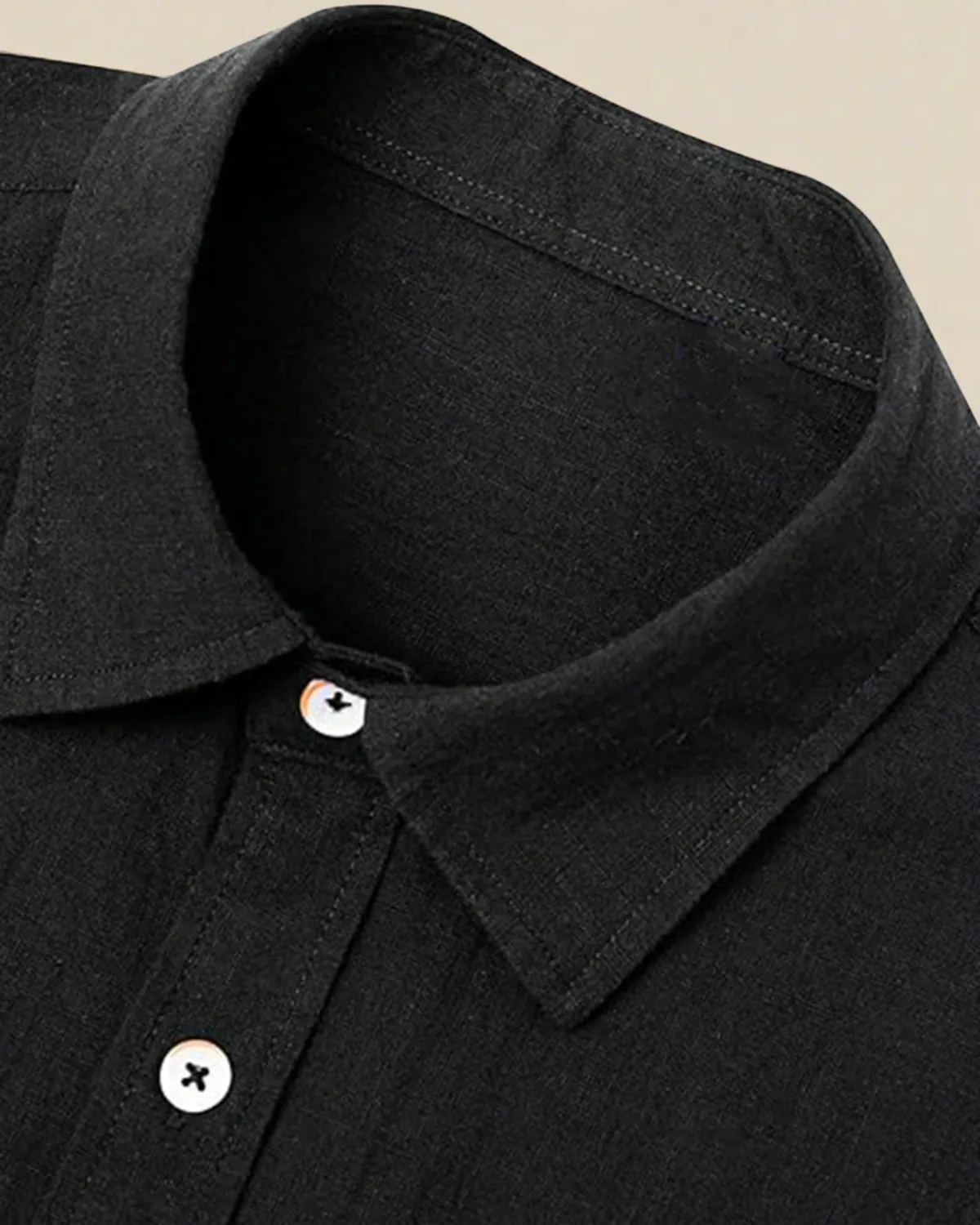 Men Short Sleeve Black Cotton and Linen Blend Shirt