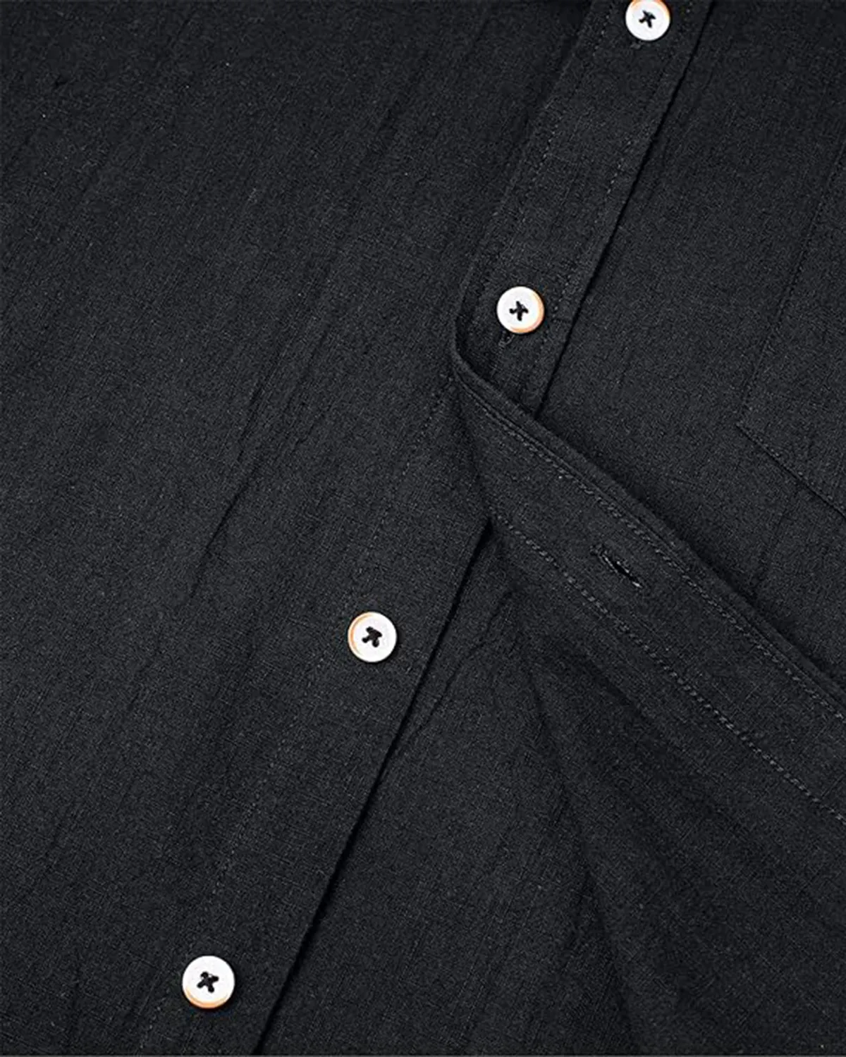 Men Short Sleeve Black Cotton and Linen Blend Shirt