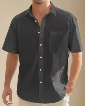 Men Short Sleeve Black Cotton and Linen Blend Shirt