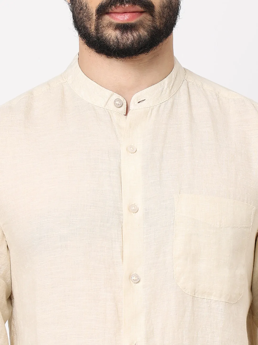 Men's Natural 100% Linen Long Sleeve Band Collar Regular Fit Shirt