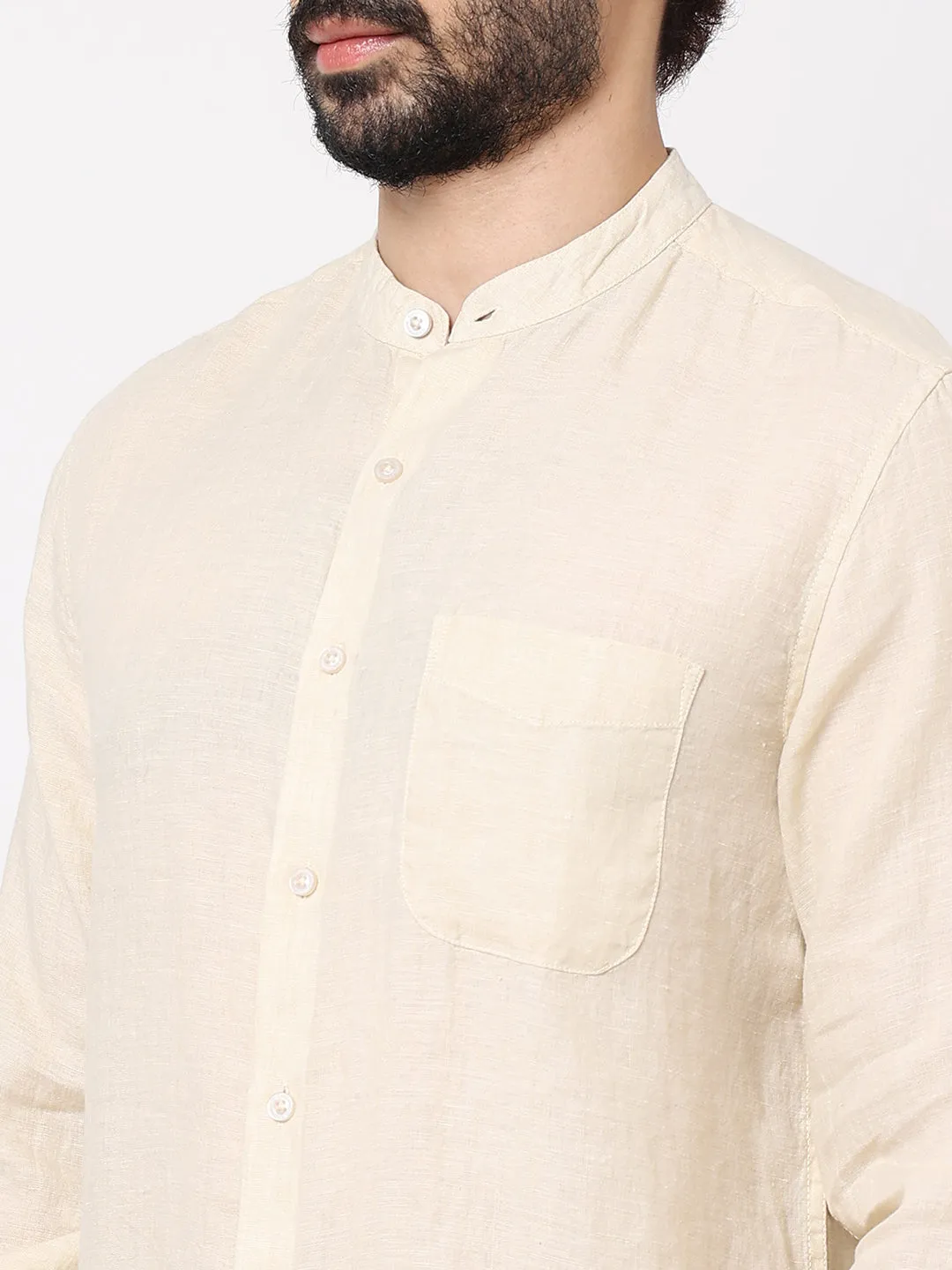 Men's Natural 100% Linen Long Sleeve Band Collar Regular Fit Shirt