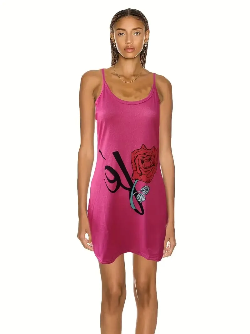Pink Pocket Printed Cami Dress, Casual Spaghetti Strap Summer Dress, Women's Clothing   S3629299