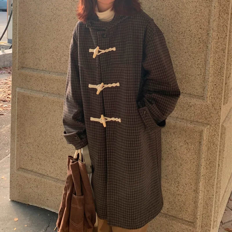Retro Aesthetic Coat Small Plaid Grid Horn Buttons