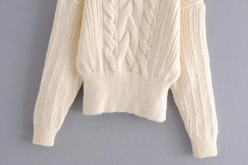 RIBBED TRIMS CABLE-KNIT SWEATER